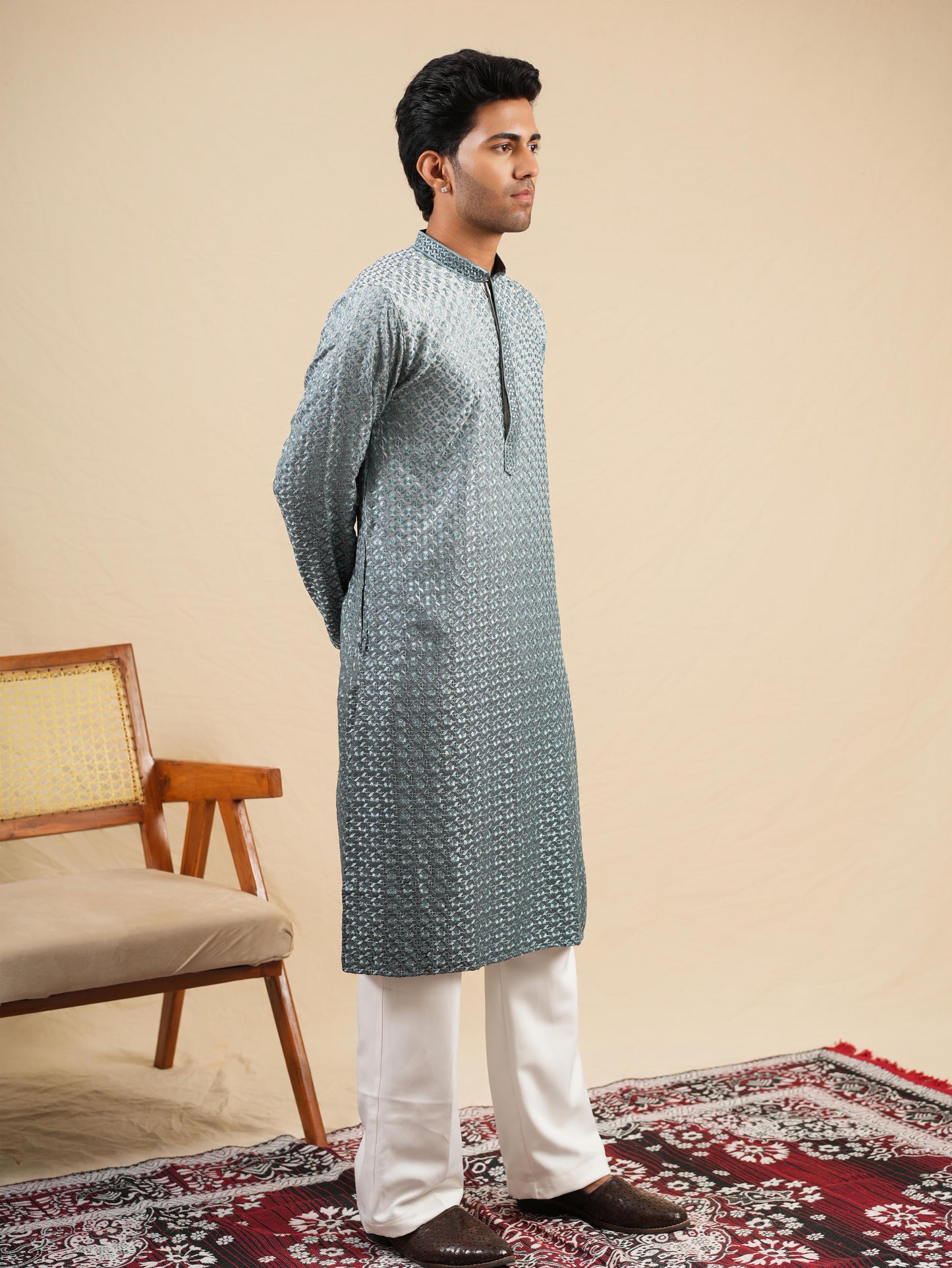 Men's Slate Blue Ombre Rayon Kurta with Sequins & Thread Work Embroidery Set