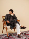 Men's Black Rayon Kurta with Thread Work Embroidery Set
