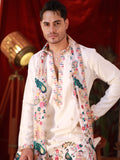 Men's White Linen Satin Kurta Set with Multicolour Embroidery & Georgette Dupatta