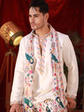 Men's White Linen Satin Kurta Set with Multicolour Embroidery & Georgette Dupatta
