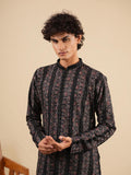 Men's Black Rayon Kurta with Thread Work Embroidery Set