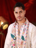 Men's White Linen Satin Kurta Set with Multicolour Embroidery & Georgette Dupatta