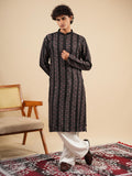 Men's Black Rayon Kurta with Thread Work Embroidery Set