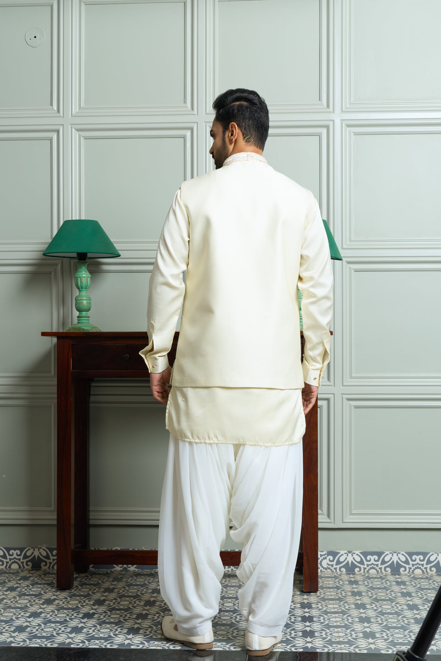 Off-White Kenzo Jacket–Kurta–Bottom Set with Handwork