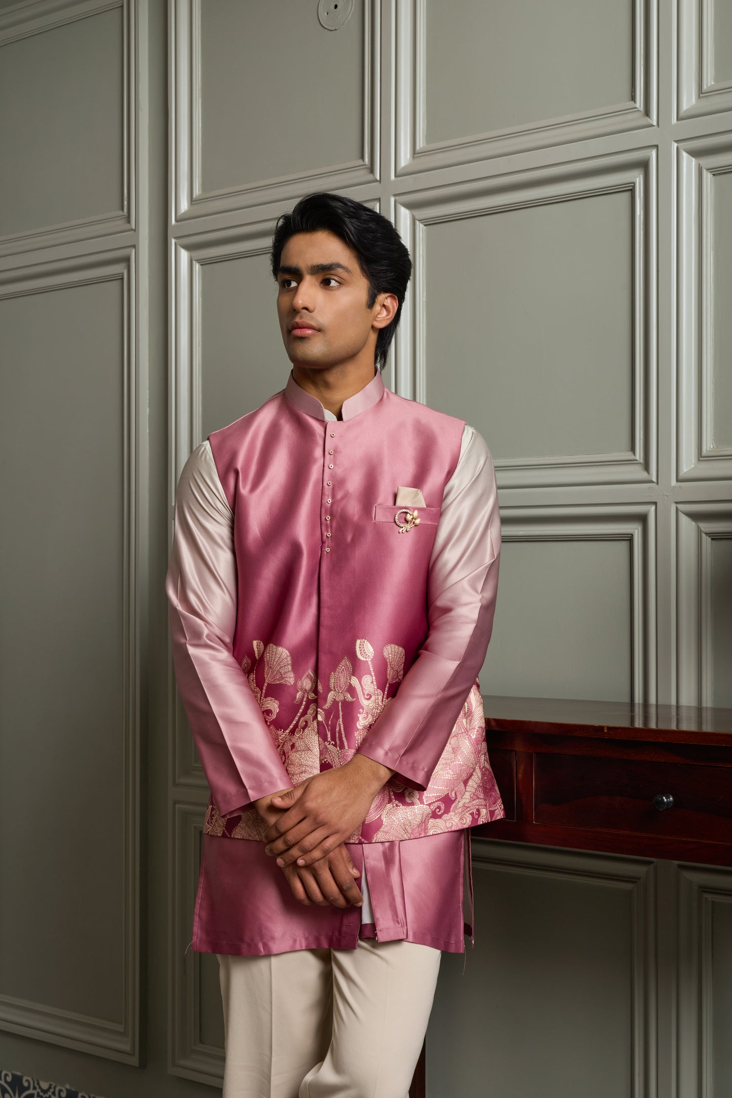Mauve Satin Silk Jacket-Kurta-Bottom Set with Digital Print & Foil