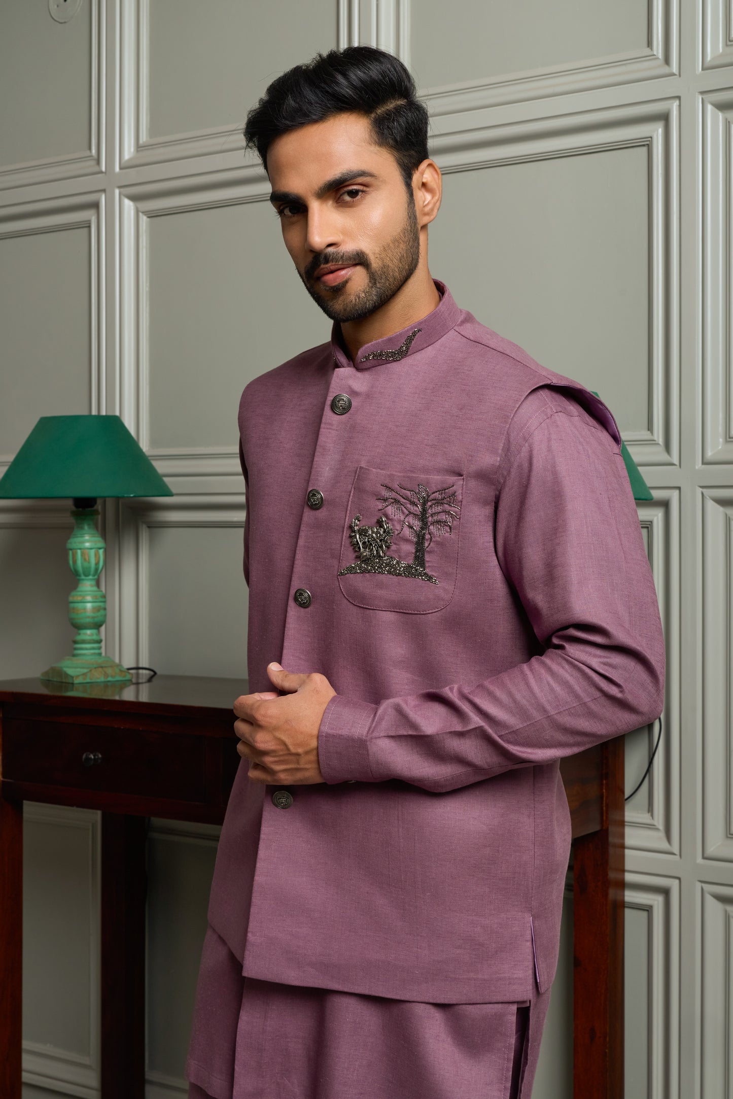 Burgundy Linen Blend Jacket-Kurta-Bottom Set with Pocket Embroidery