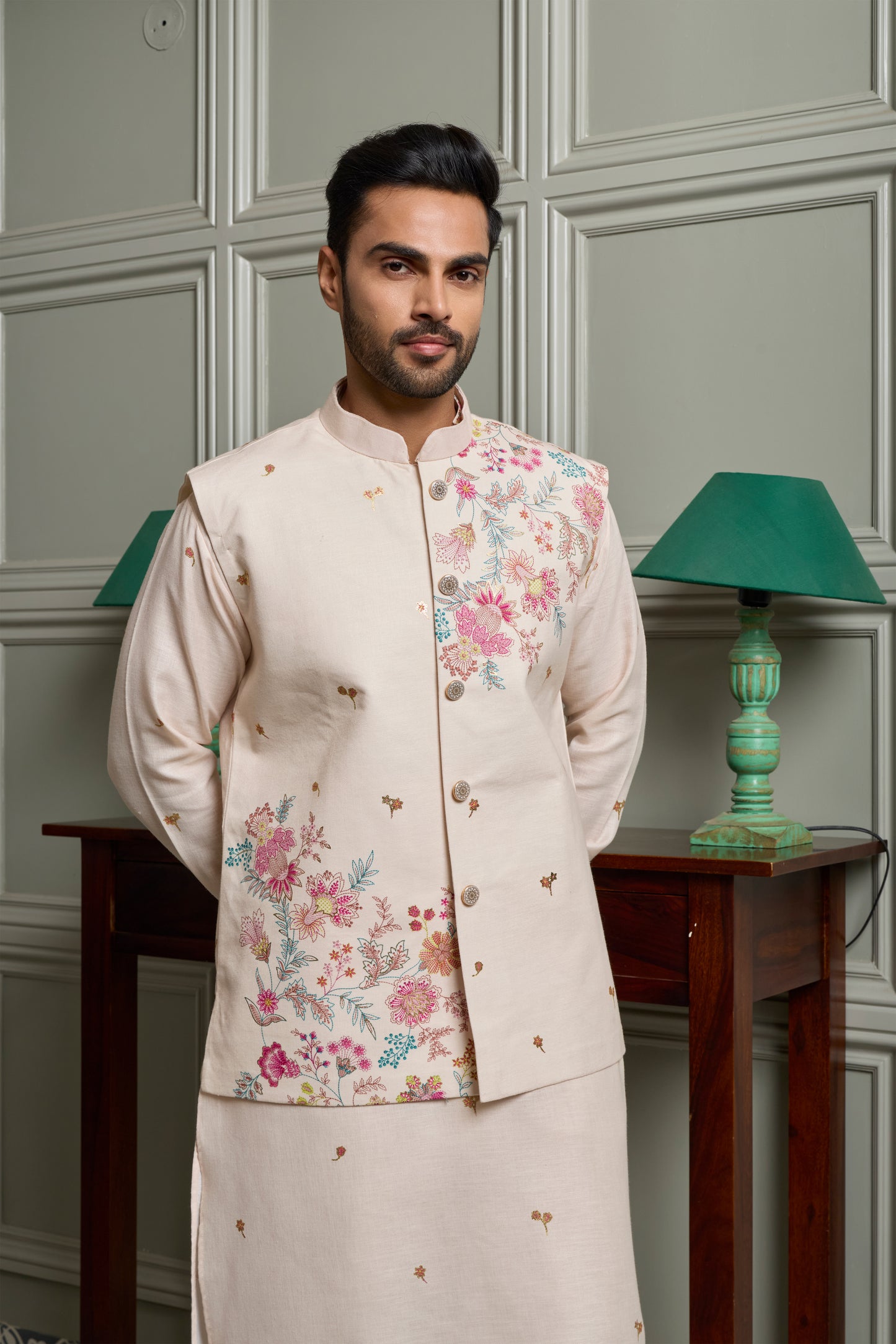 Off-White Floral Print Kurta Jacket Set