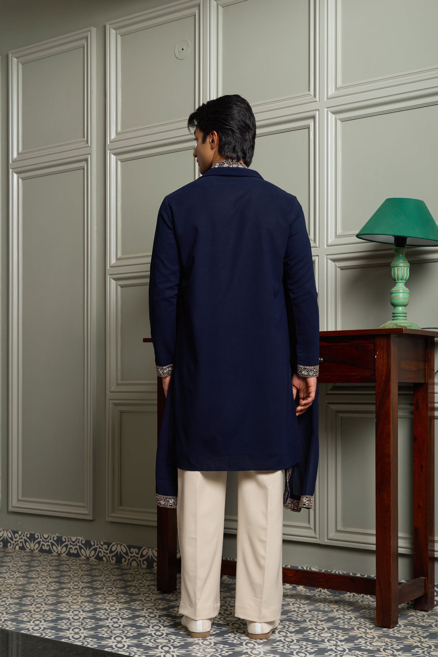 Navy Blue Georgette Kurta–Bottom–Dupatta Set with Thread Work