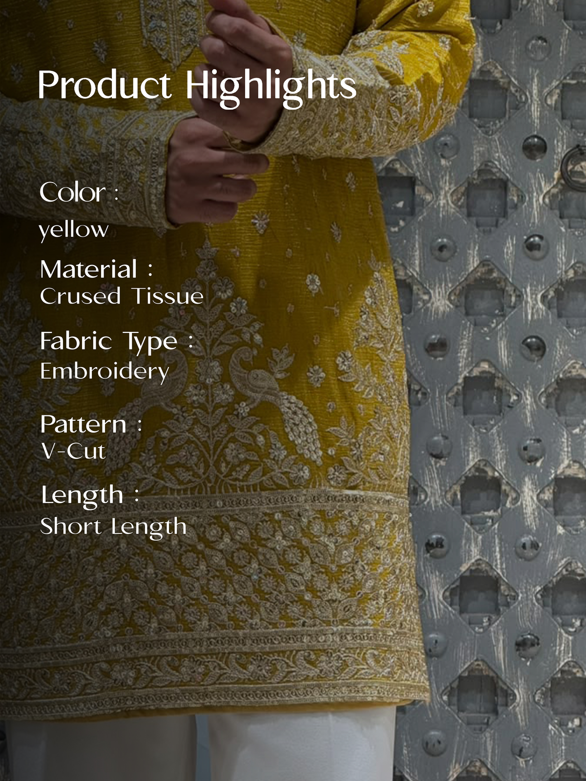 Mustard Crush Tissue Short Kurta Set with Embroidery and Sequins