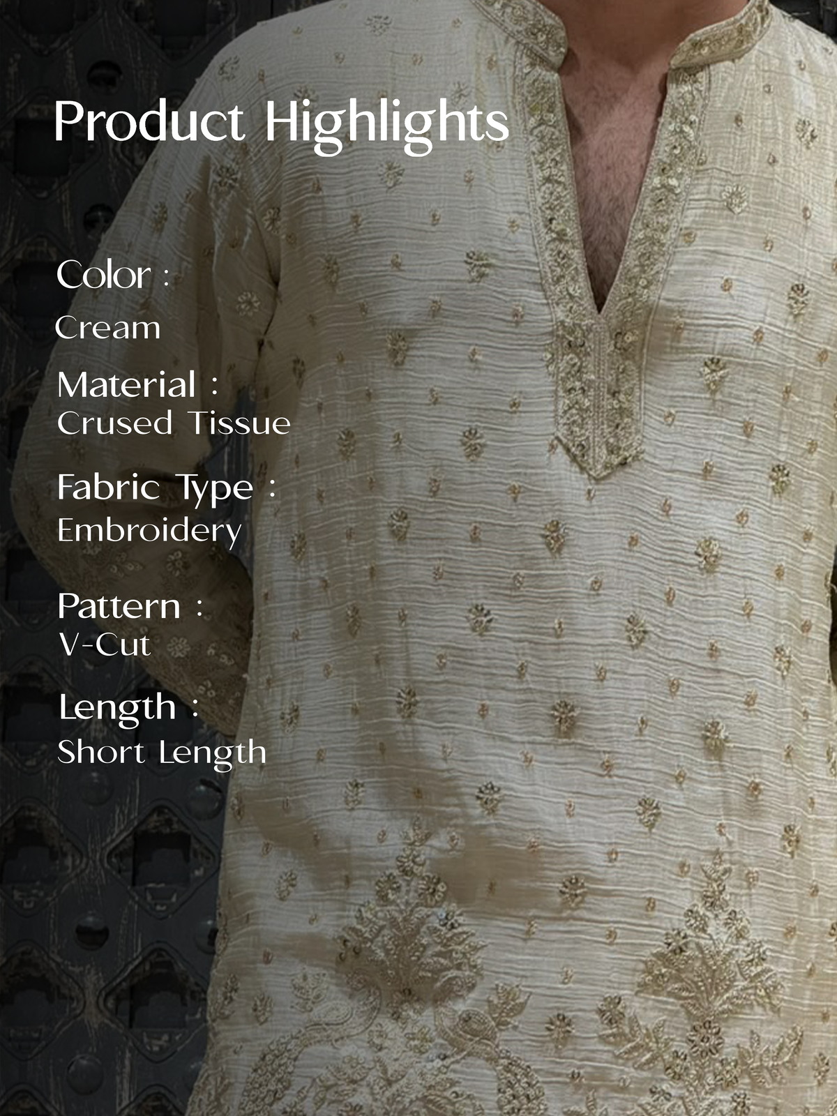 Cream Crush Tissue Short Kurta Set with Embroidery and Sequins