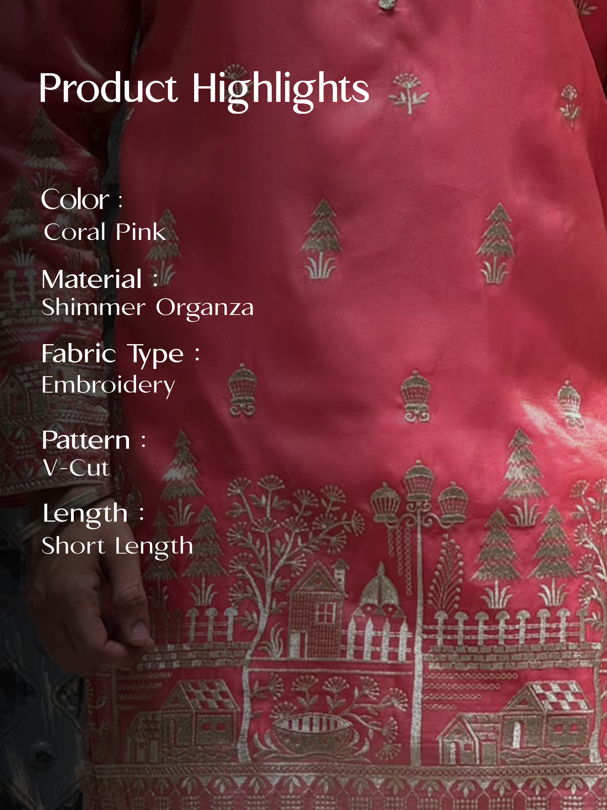 Coral Pink Shimmer Organza Short Kurta Set with Jari Embroidery