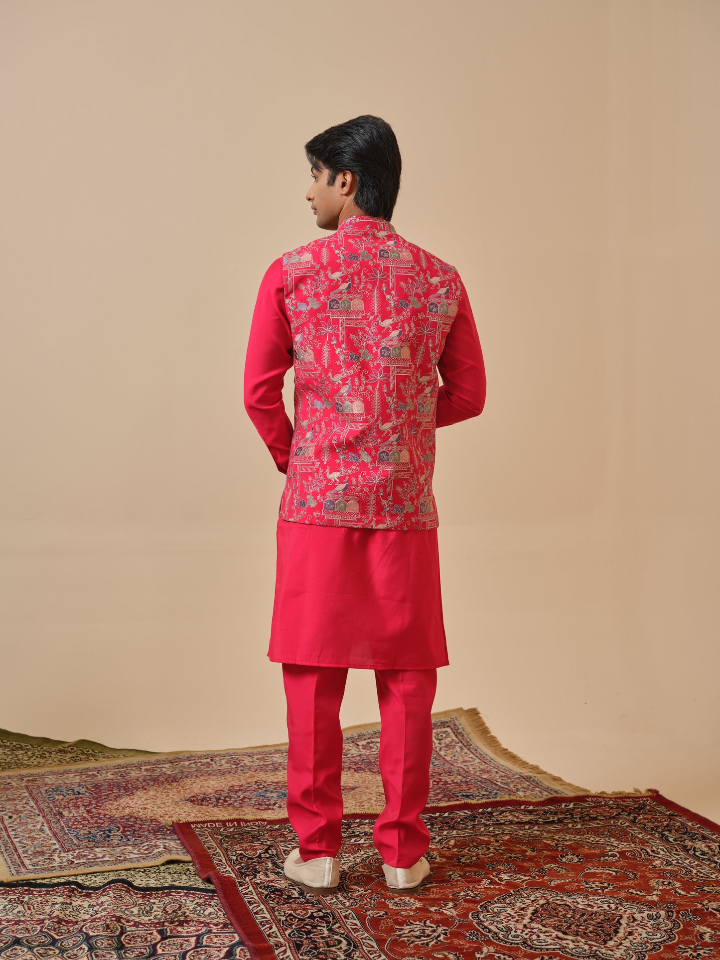 Pink Silk Jacket-Kurta-Bottom Set with Thread Work Embroidery
