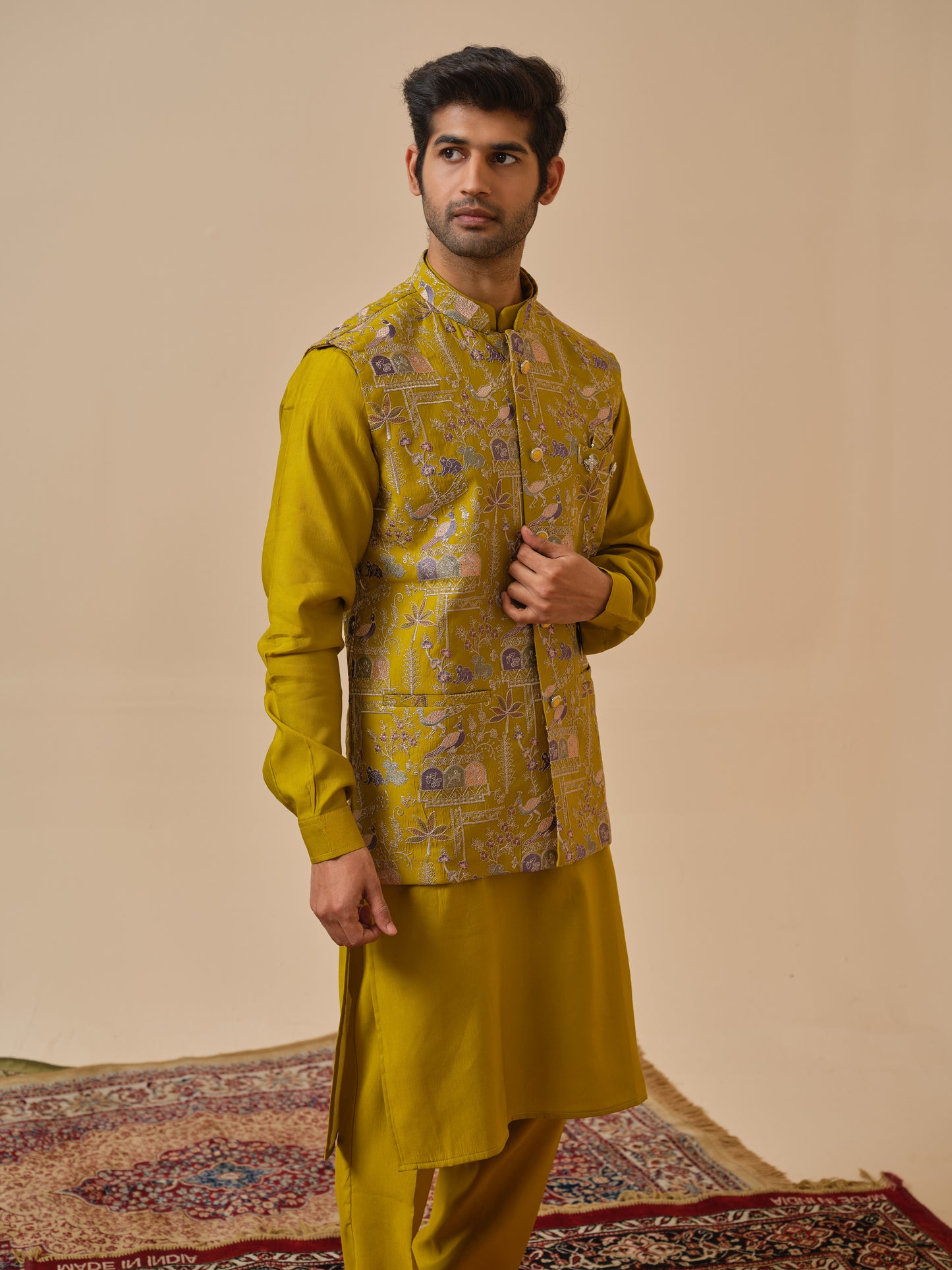 Yellow Silk Jacket-Kurta-Bottom Set with Thread Work Embroidery