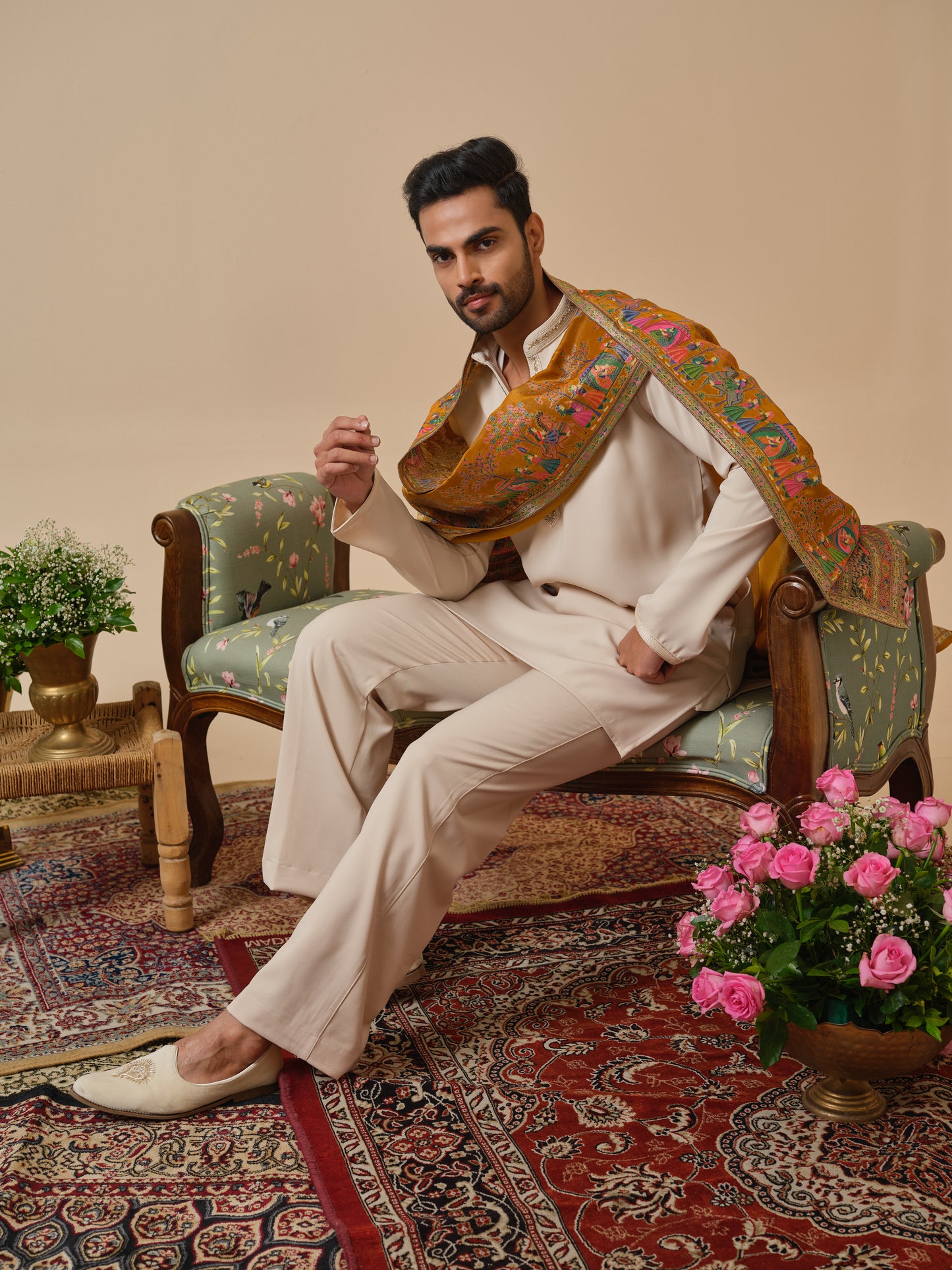 Beige Armani Kurta–Bottom–Dupatta Set with Hand Work