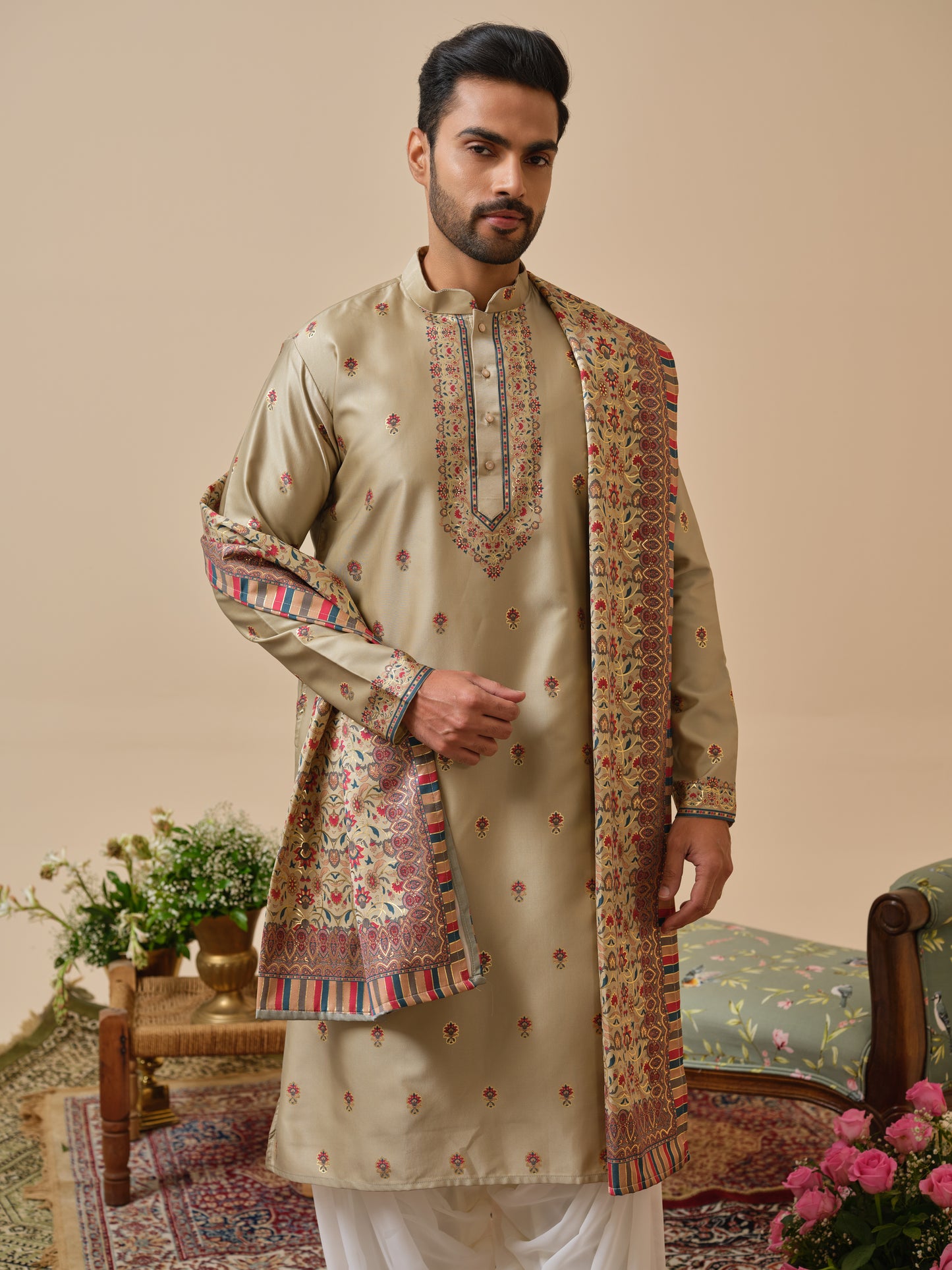 Linen Satin Kurta–Bottom–Dupatta Set with Foil Work & Digital Print