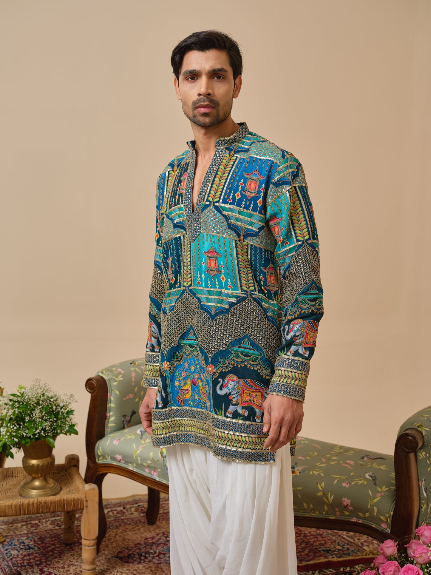 Teal Natural Crepe Kurta–Bottom Set with Cording Zari Embroidery