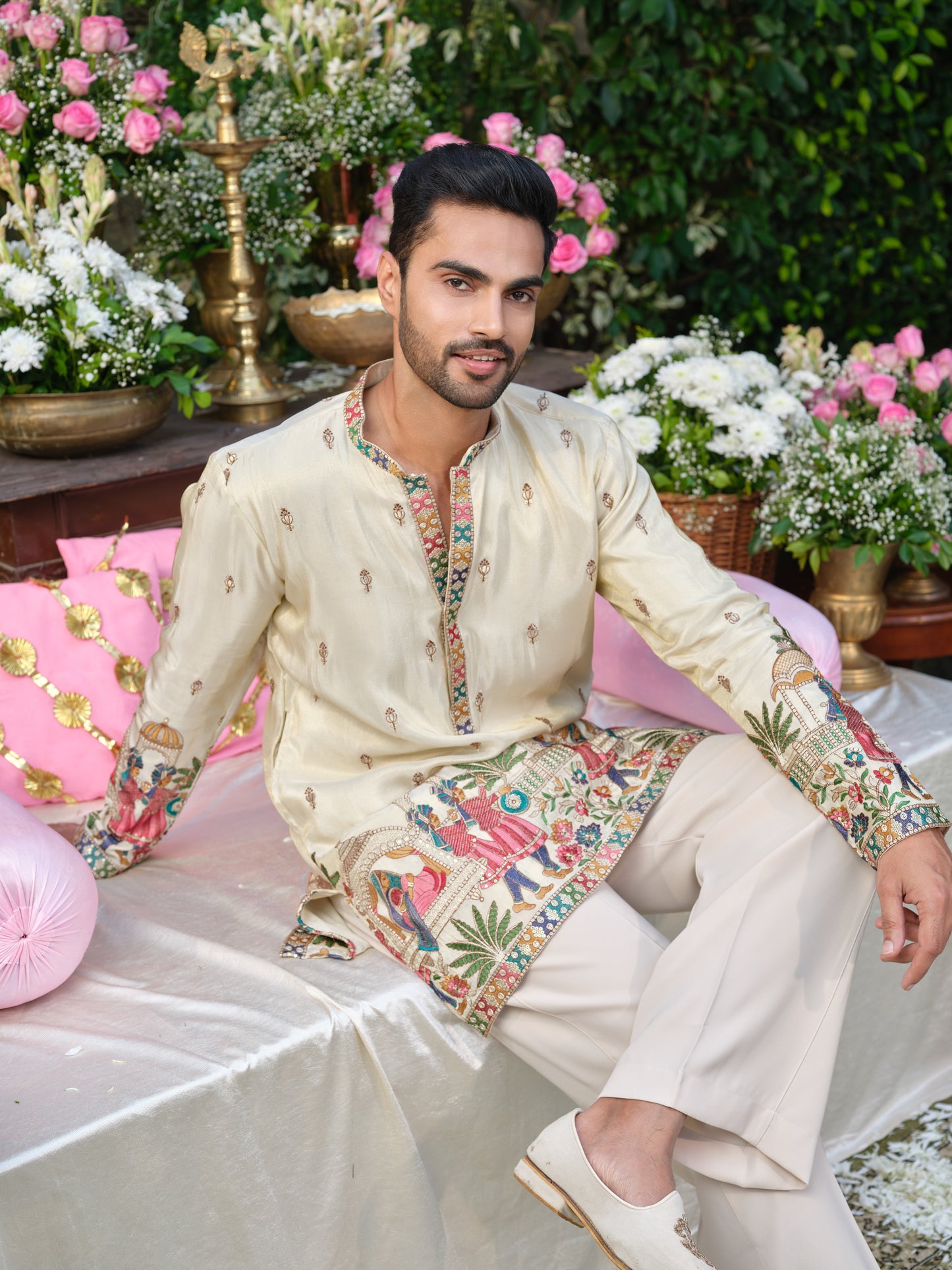 Cream Shimmer Tissue Kurta–Bottom Set with Multicolour Thread Embroidery