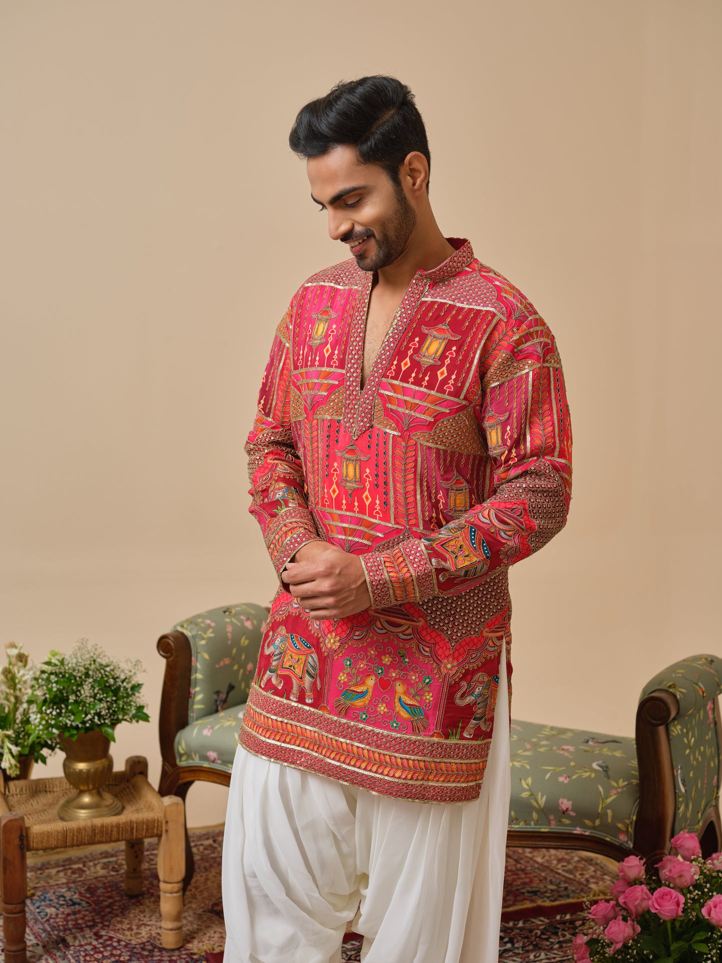 Rani Natural Crepe Kurta–Bottom Set with Cording Zari Embroidery