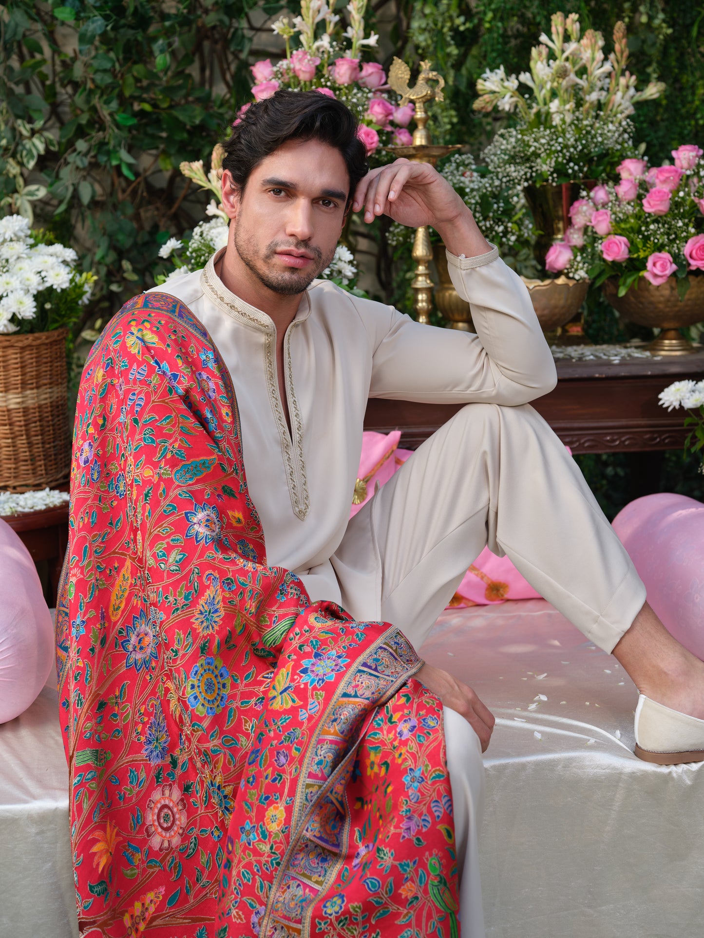 Beige Armani Kurta–Bottom Set with Handcrafted Detailing & Jacquard Dupatta