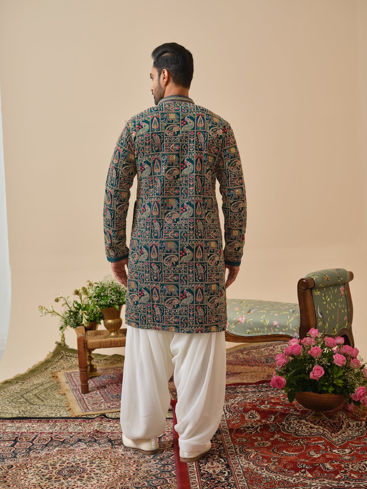 Green Georgette Kurta–Bottom Set with Thread Work & Cording