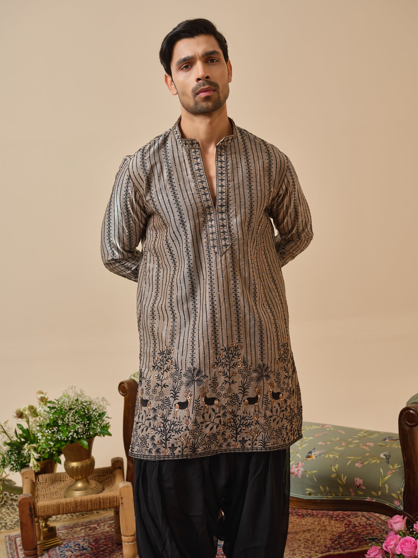 Warm Grey Tissue Organza Kurta–Bottom Set with Sequins & Thread Work Embroidery