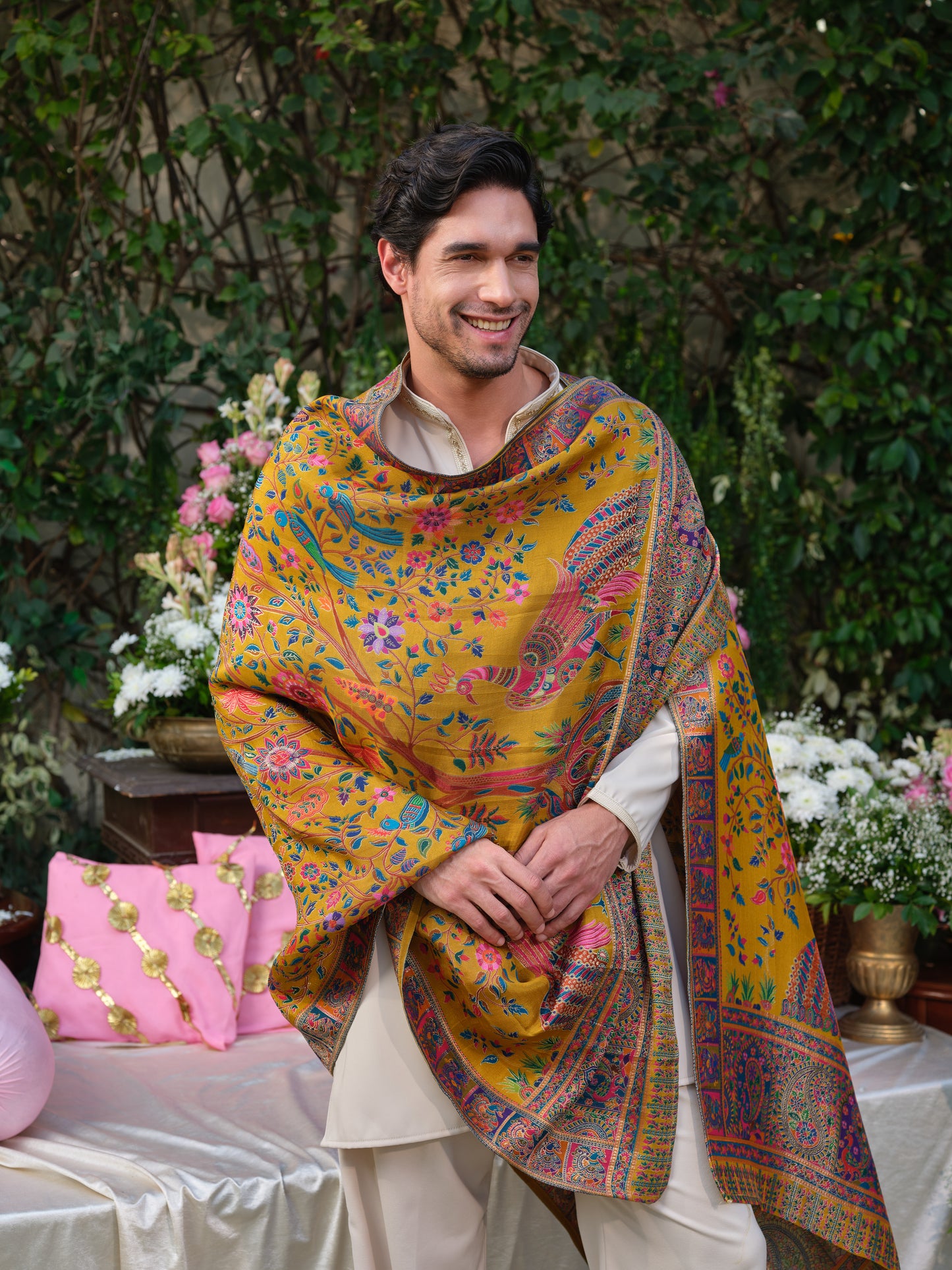 Beige Armani Handwork Kurta Set with Jacquard Dupatta