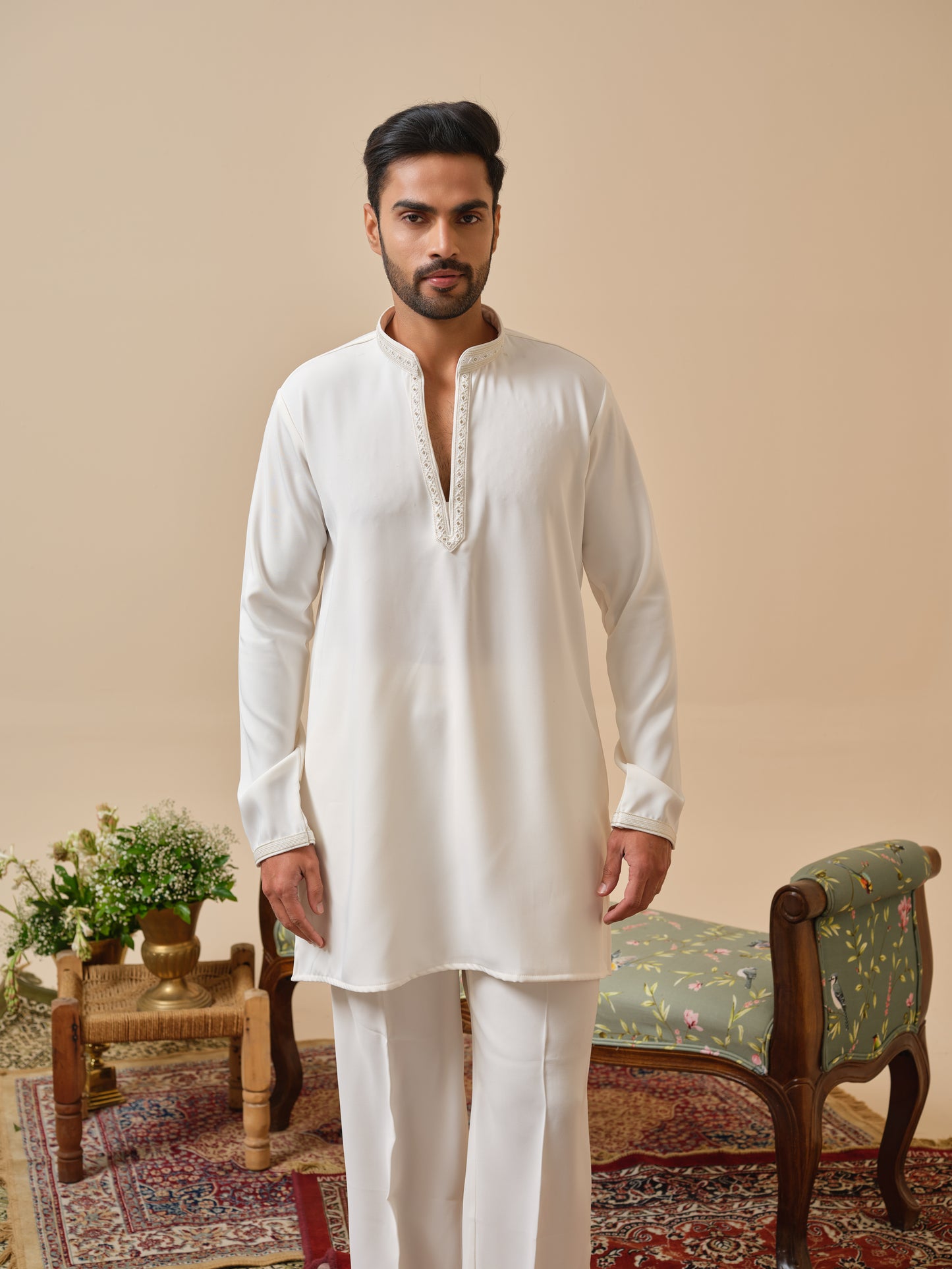 Men’s White Armani Kurta–Bottom Set with Hand Work