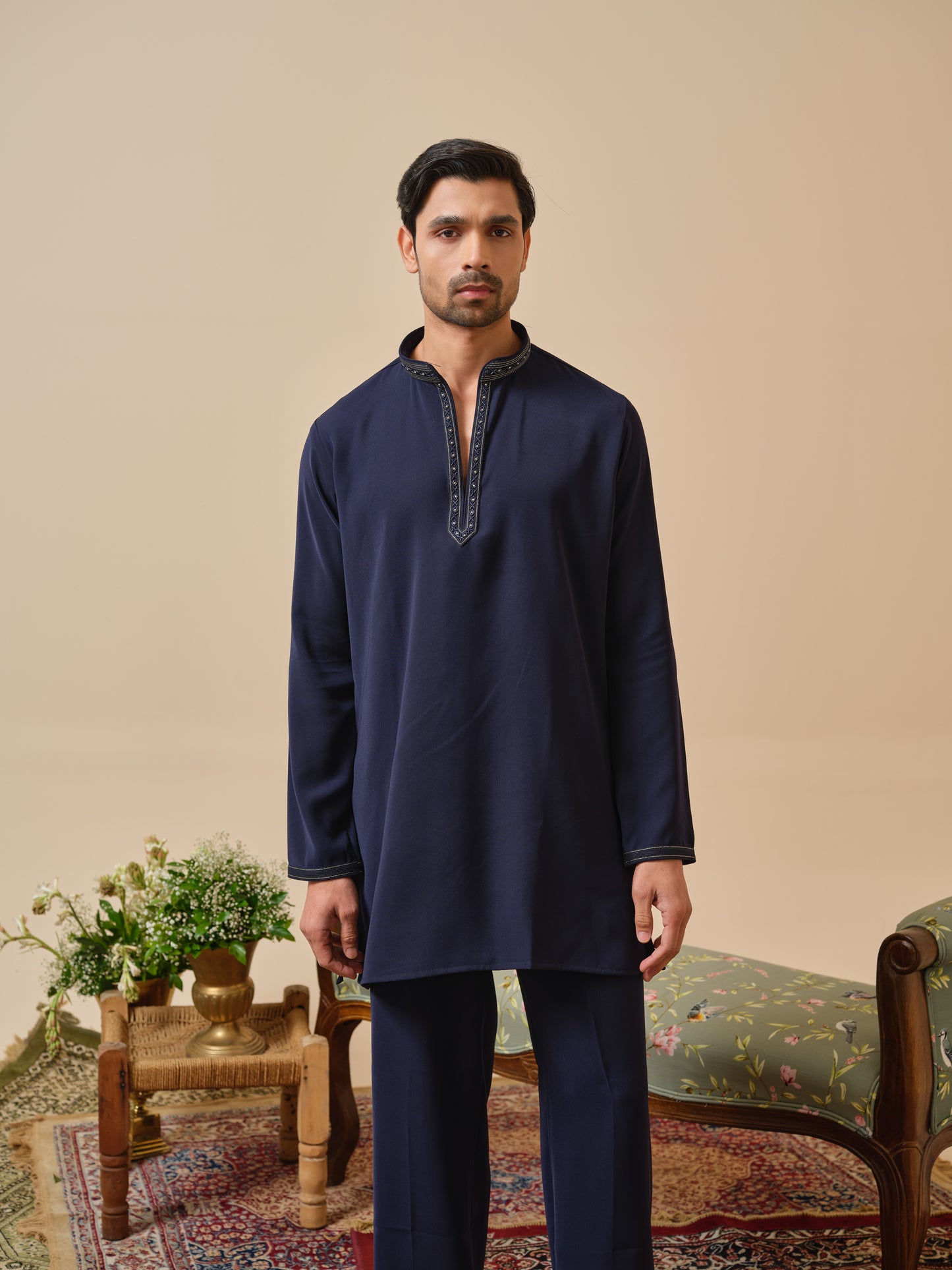 Navy Blue Armani Kurta–Bottom Set with Hand Work