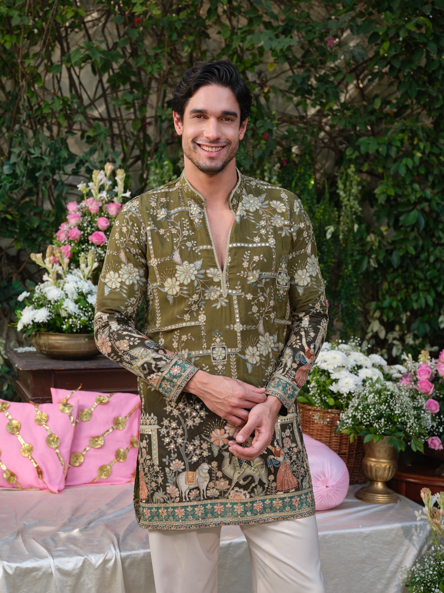 Men’s Olive Crepe Kurta–Bottom Set with Golden Zari Embroidery