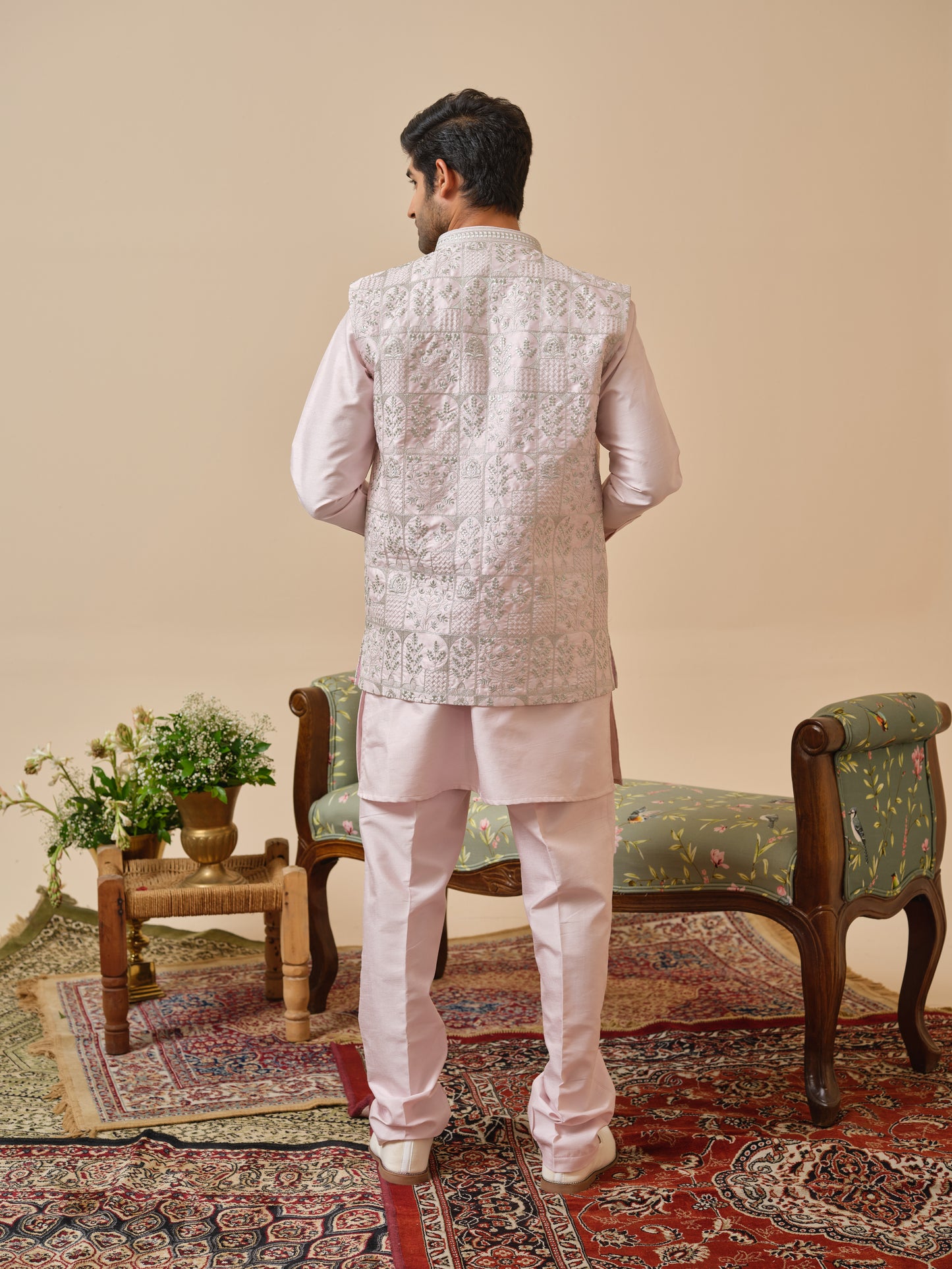 Soft Pink SS Silk Jacket-Kurta-Bottom Set with Zari Embroidery