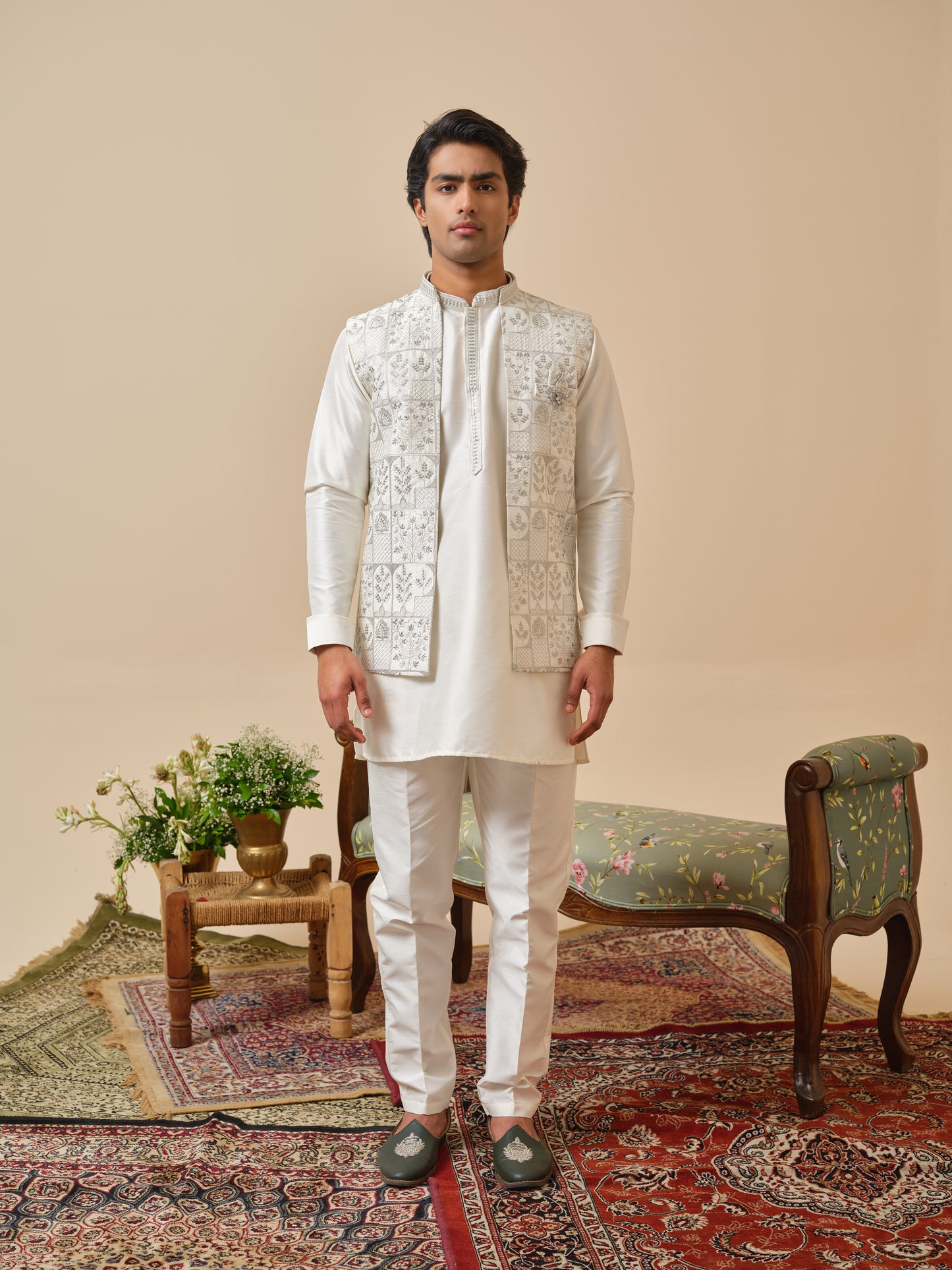 White SS Silk Jacket-Kurta-Bottom Set with Zari Embroidery