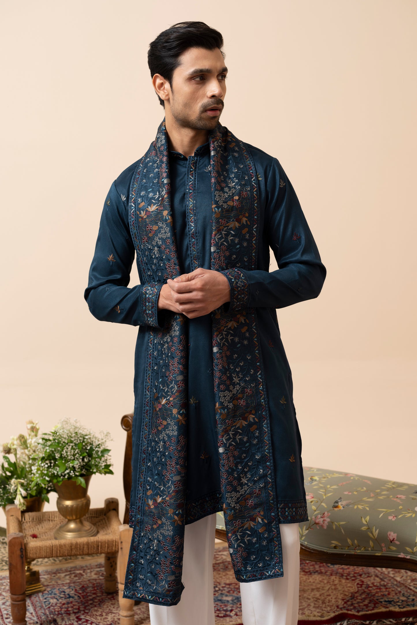 Wine and Rama Green Kurta Set with Dupatta and Thread Embroidery