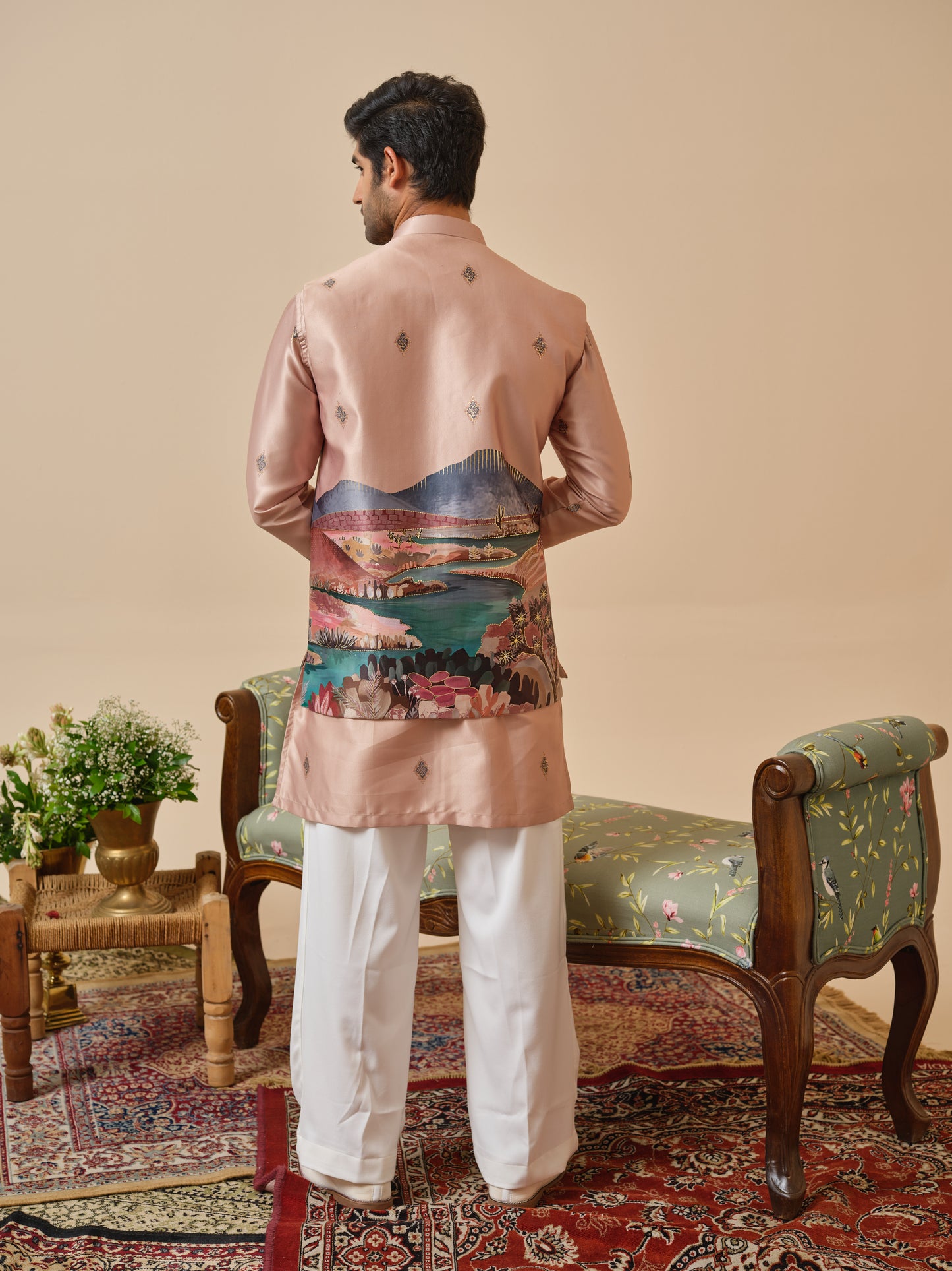 Satin Silk Jacket-Kurta-Bottom Set with Digital Print & Foil