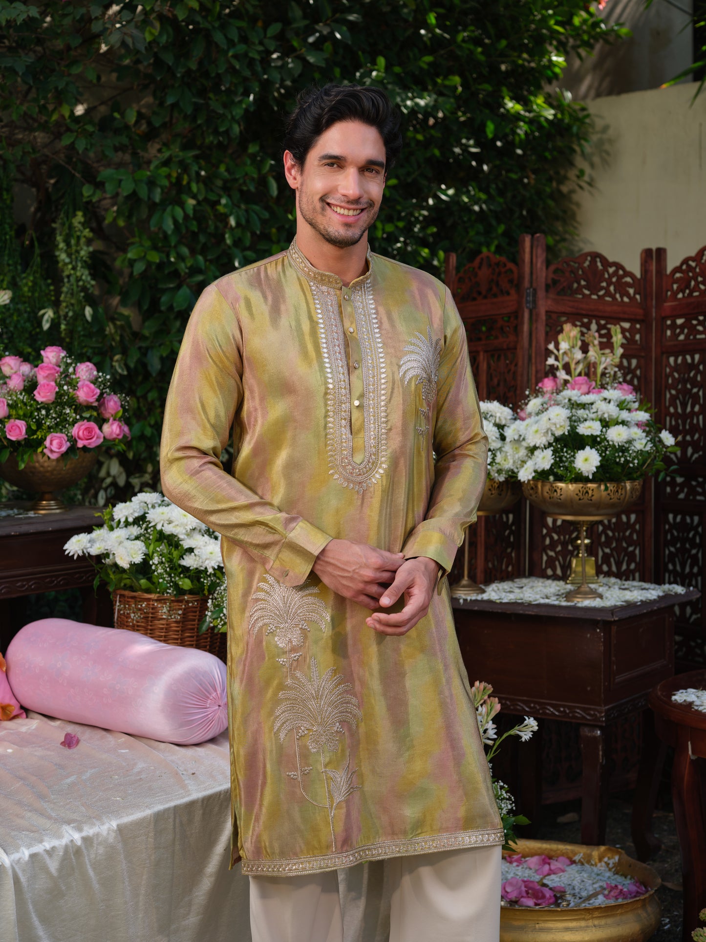 Multicolour Shimmer Tissue Kurta–Bottom Set with Zari & Foil Embroidery