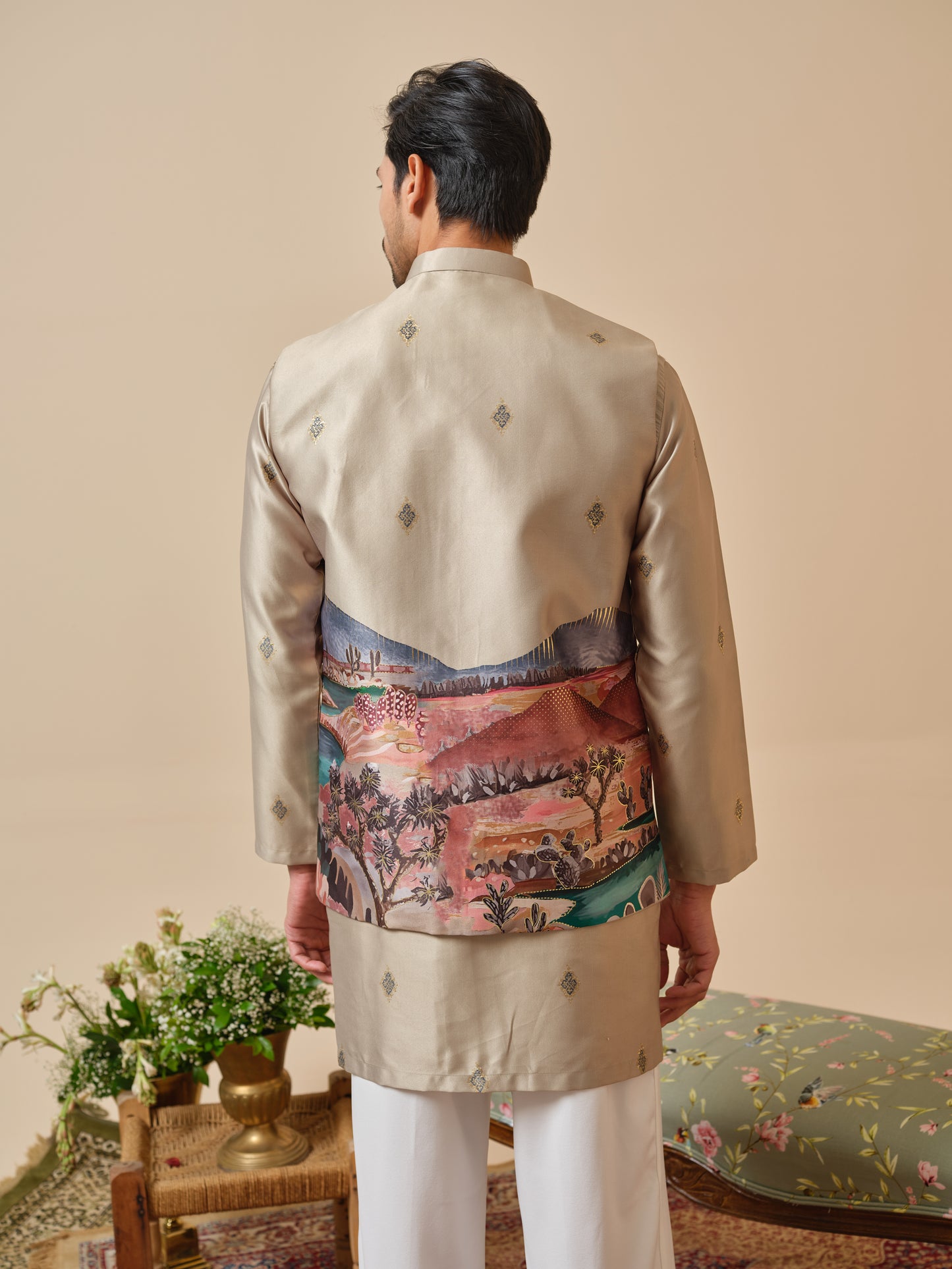 Satin Silk Jacket-Kurta-Bottom Set with Digital Print Foil