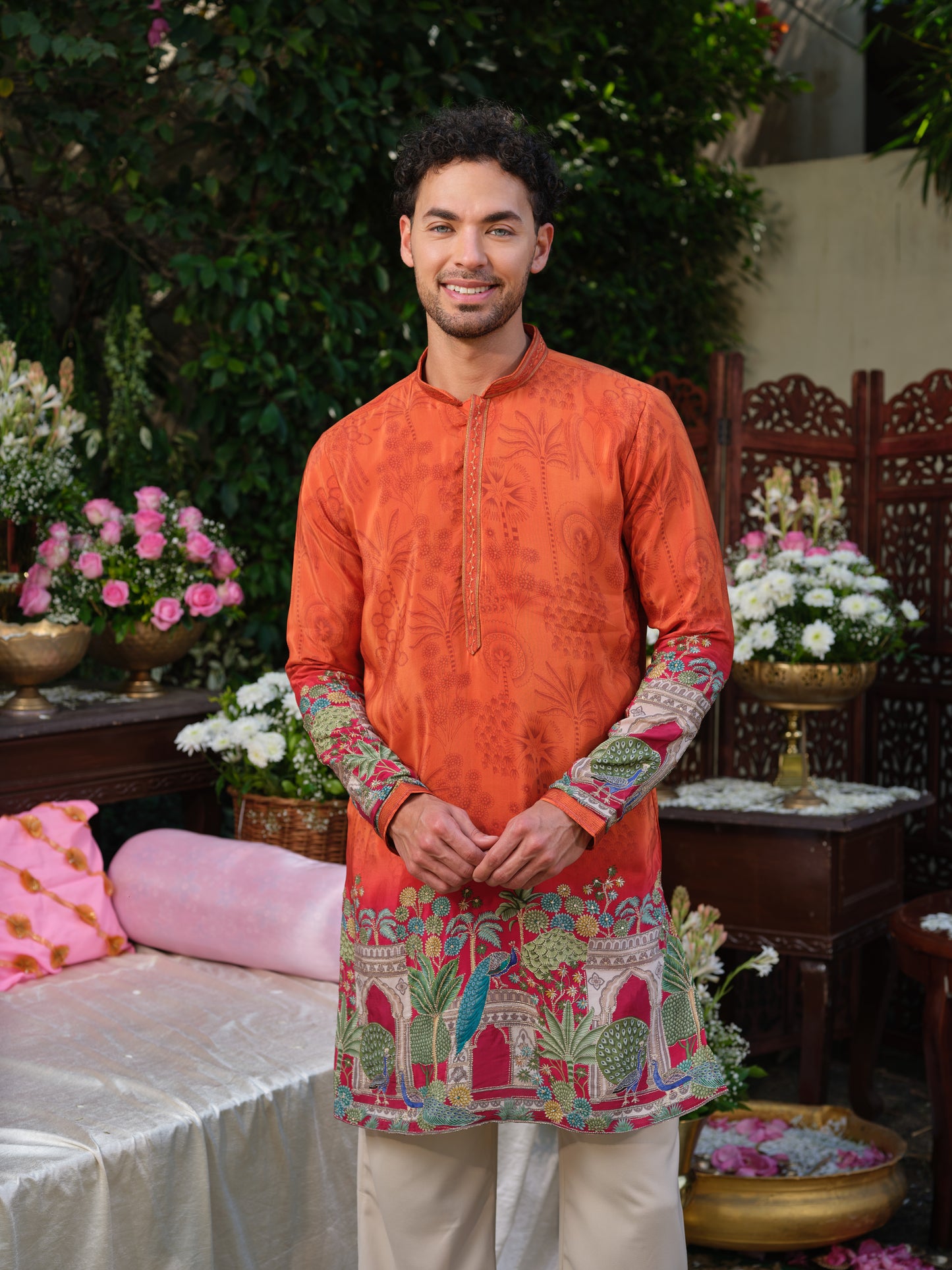 Orange Crepe Kurta–Bottom Set with Zari Embroidery & Position Print