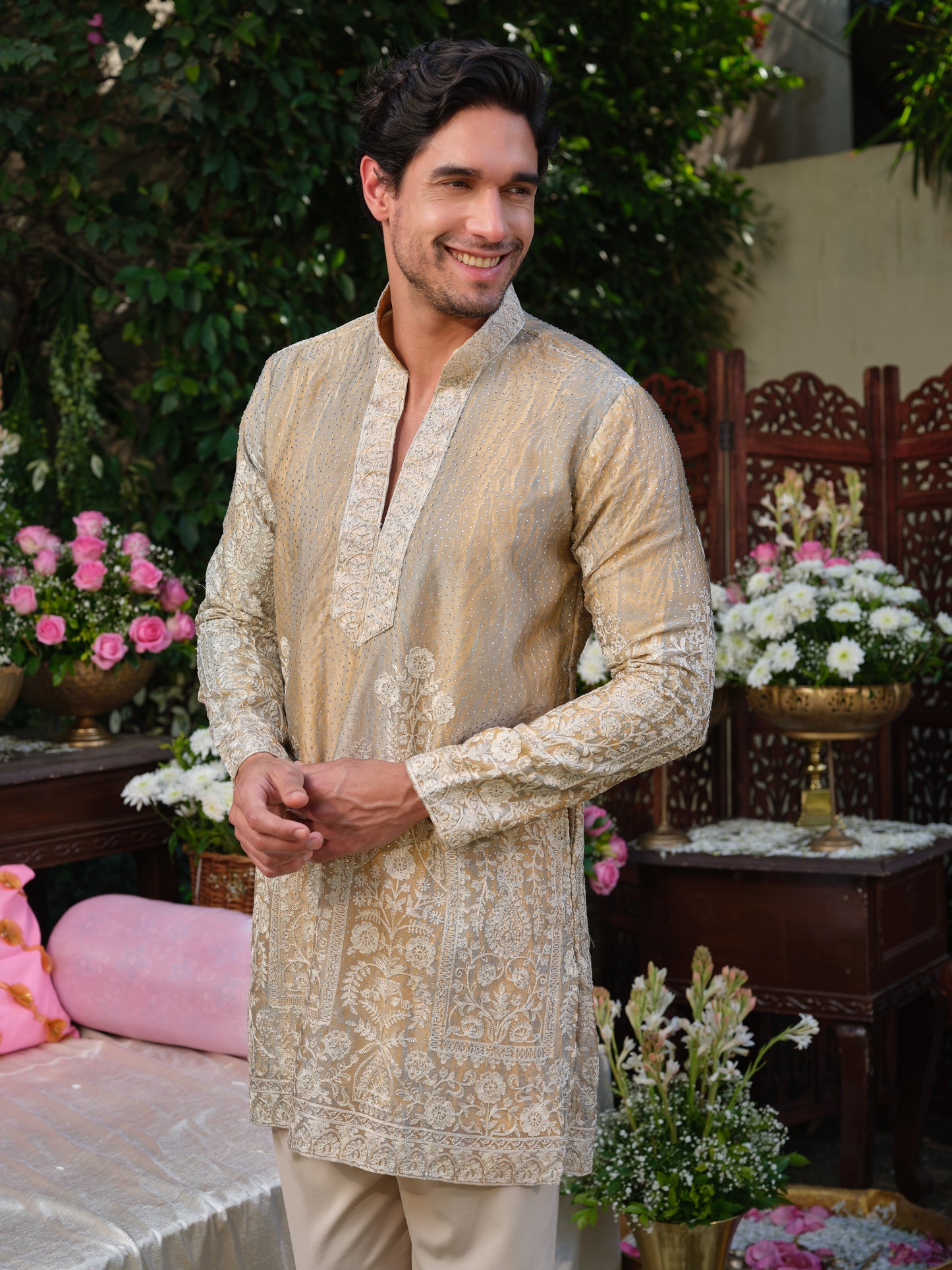 Warm Ivory Tissue Organza Kurta–Bottom Set with Swarovski Embellishment
