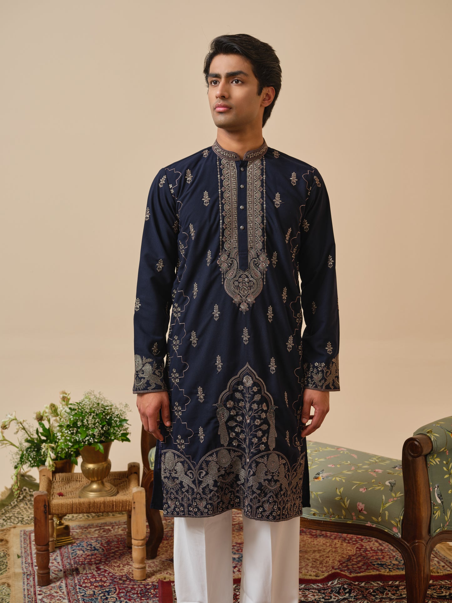 Midnight Blue Japanese Fabric Kurta–Bottom Set with Thread Work
