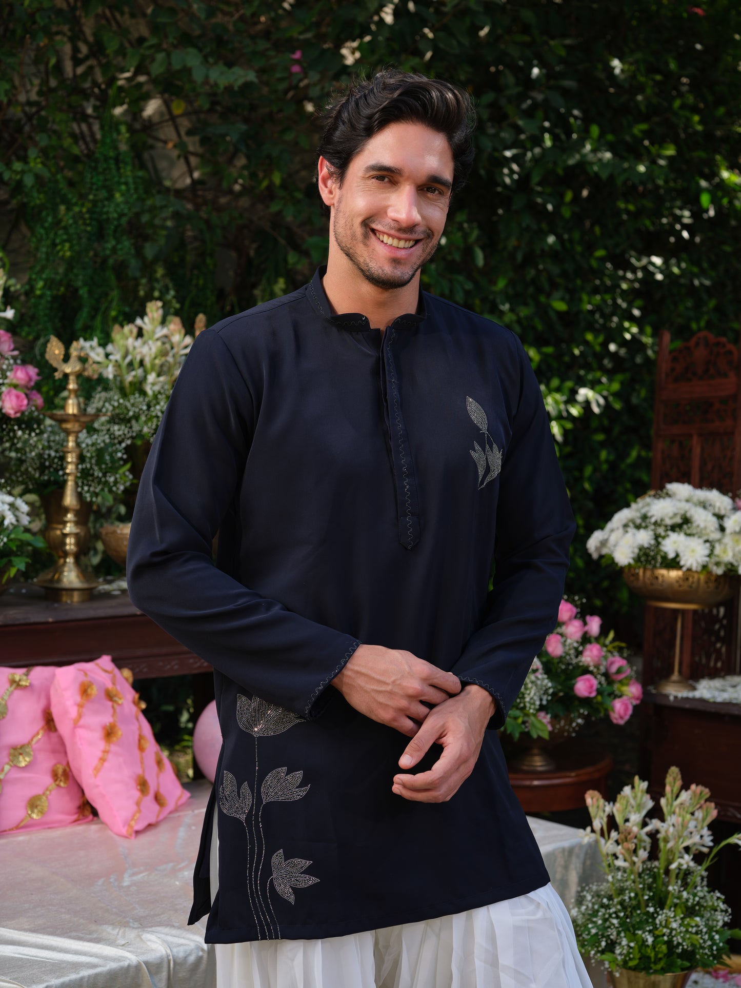 Navy Blue Armani Kurta–Bottom Set with Hotfix Stone Design