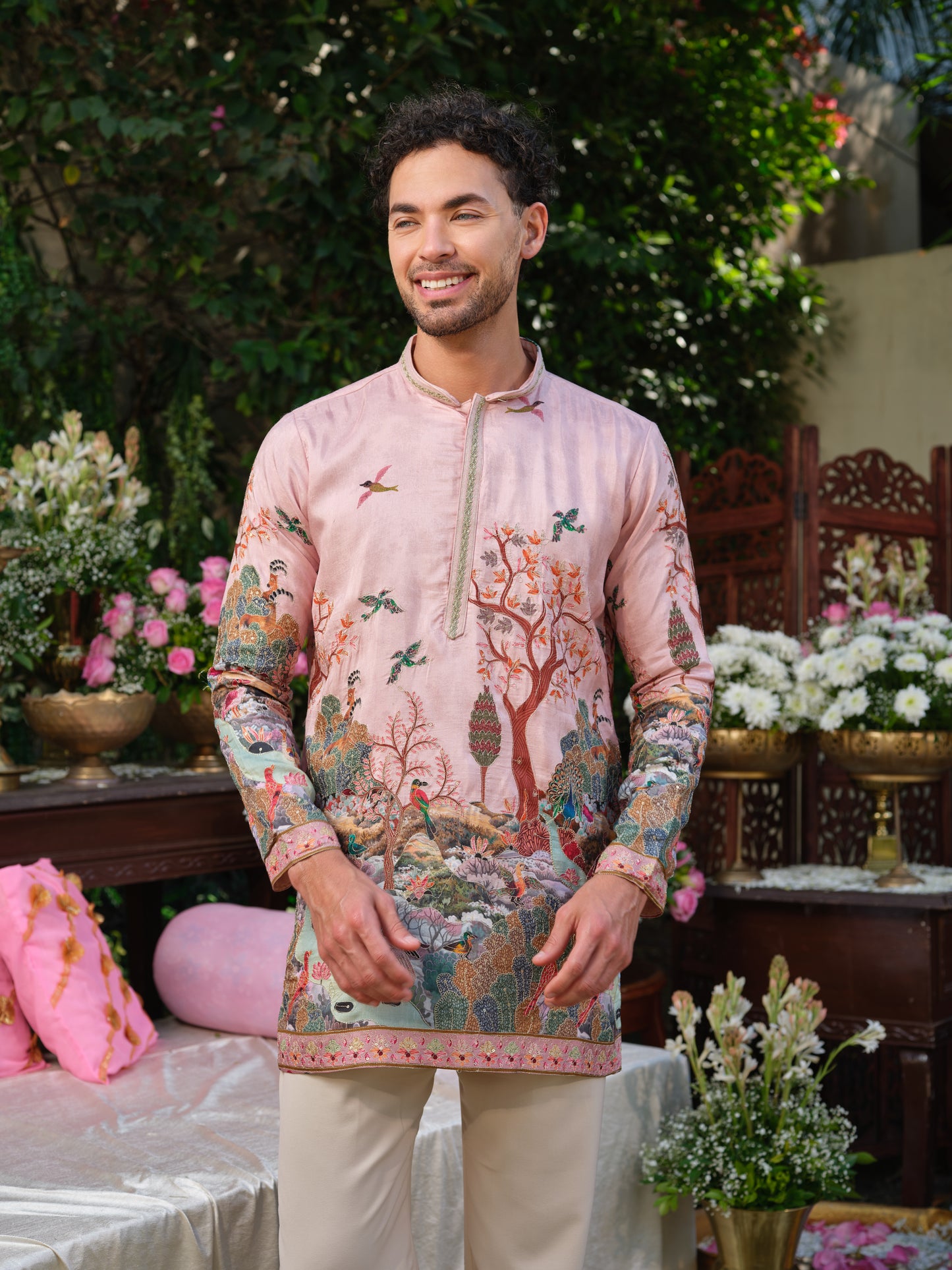 Pale Rose Viscose Silk Kurta–Bottom Set with Zari Position Print