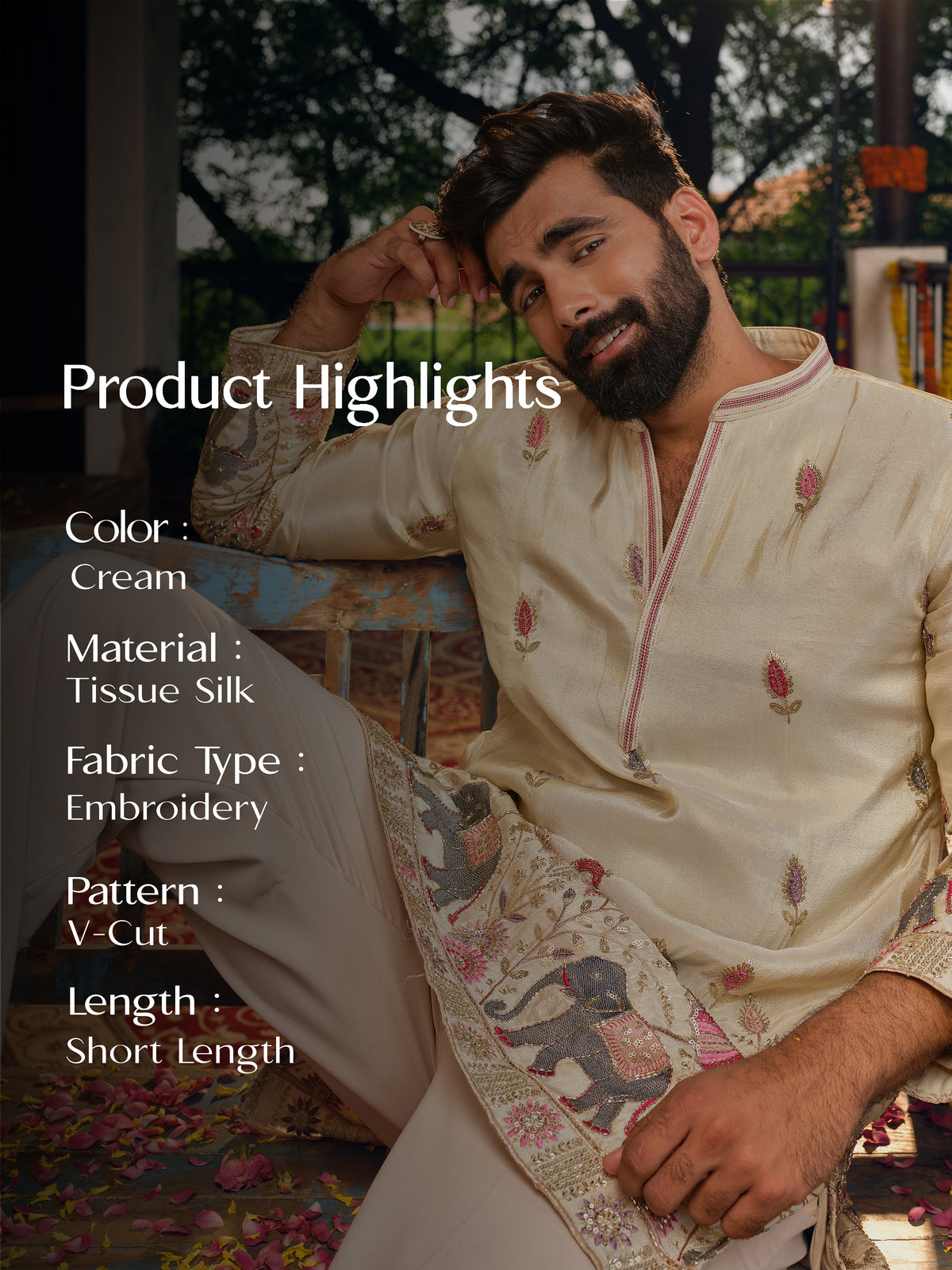 Cream Tissue Silk Short Kurta Set with Beads and Embroidery