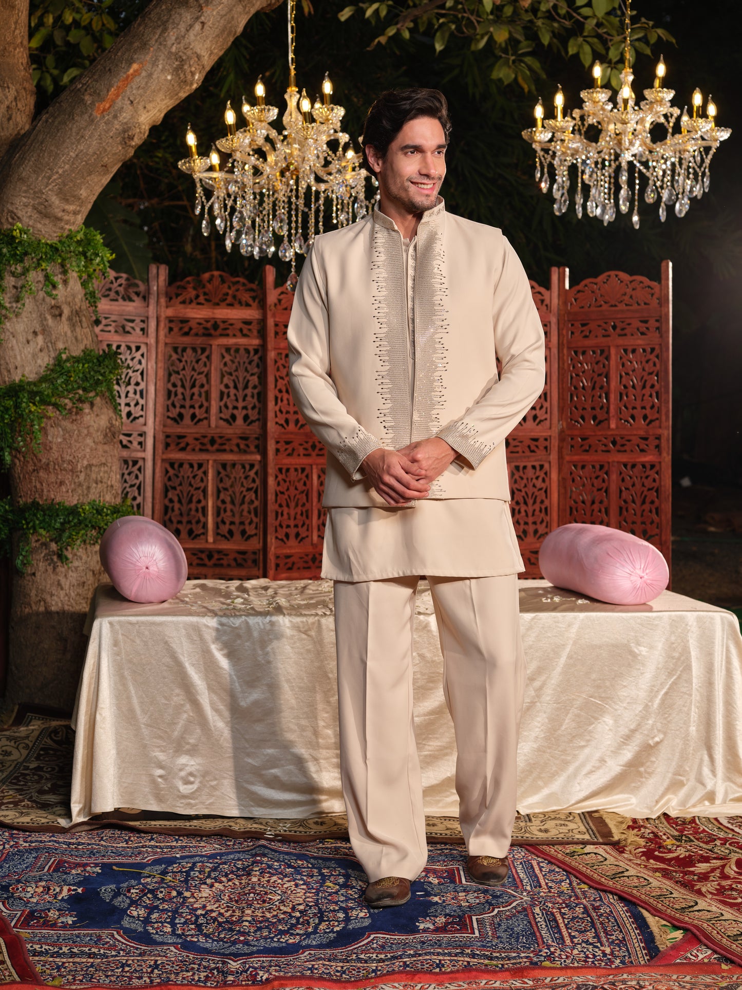 Beige Armani Jacket–Kurta Set with Hotfix Stone Detailing