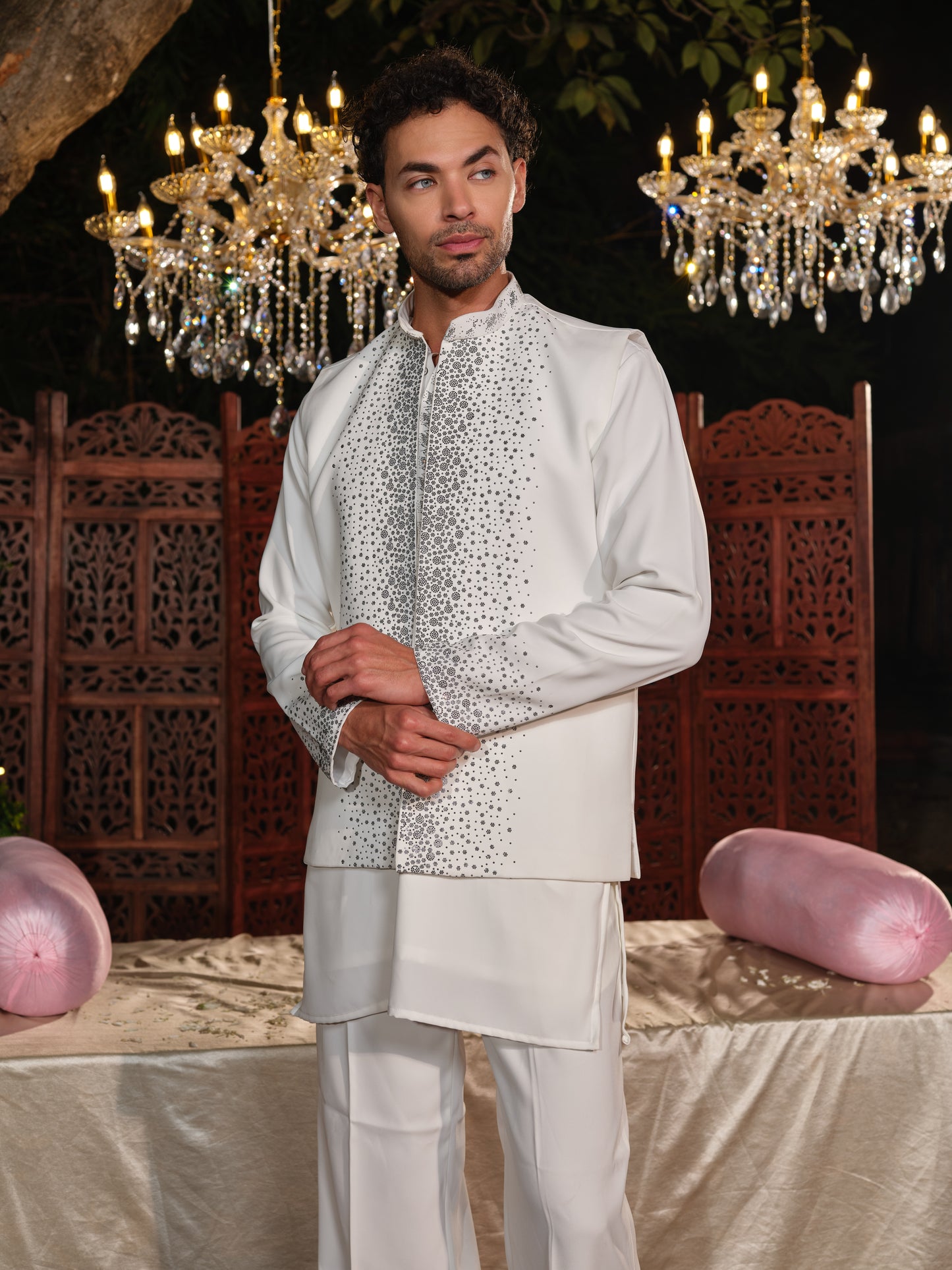 White Armani Jacket–Kurta Set with Hotfix Stone Detailing