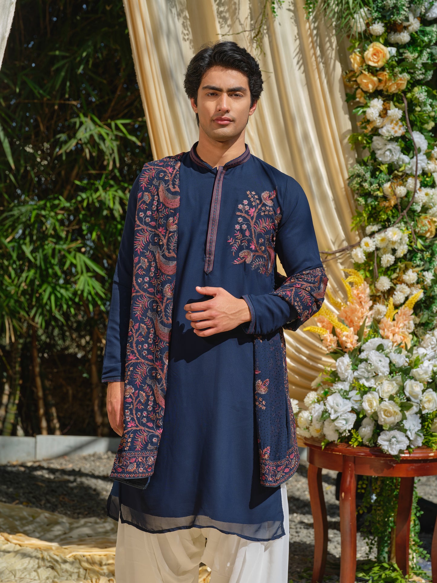 Navy Blue Georgette Kurta Set with Thread Work Embroidery & Dupatta