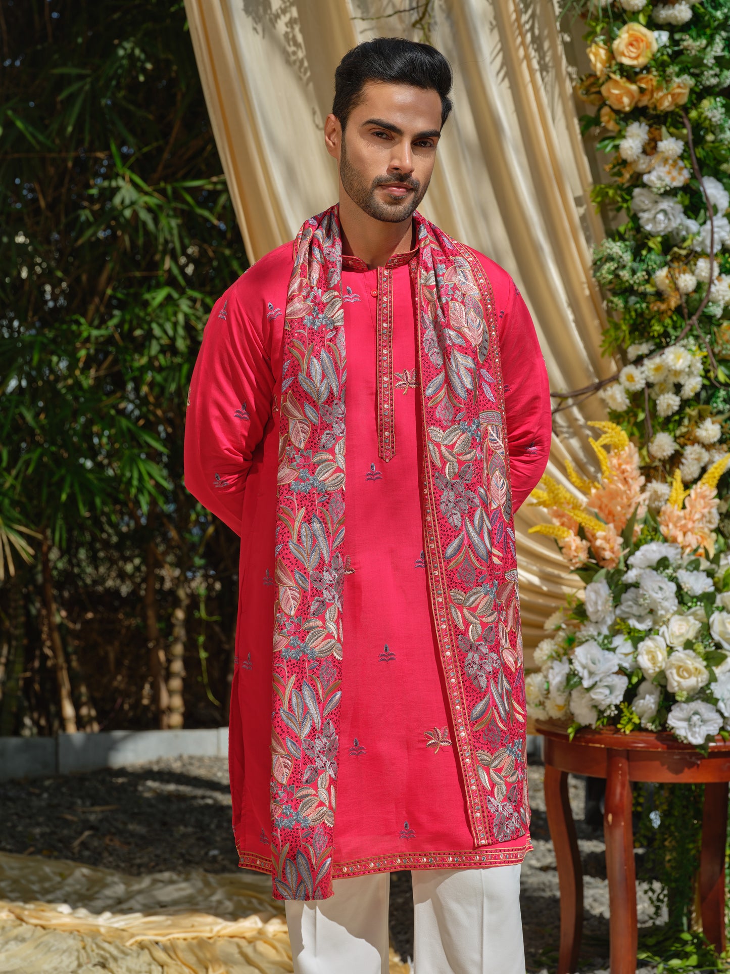 Pink Fendi Kurta Set with Multicolour Thread Work Embroidery & Embroidered Stole