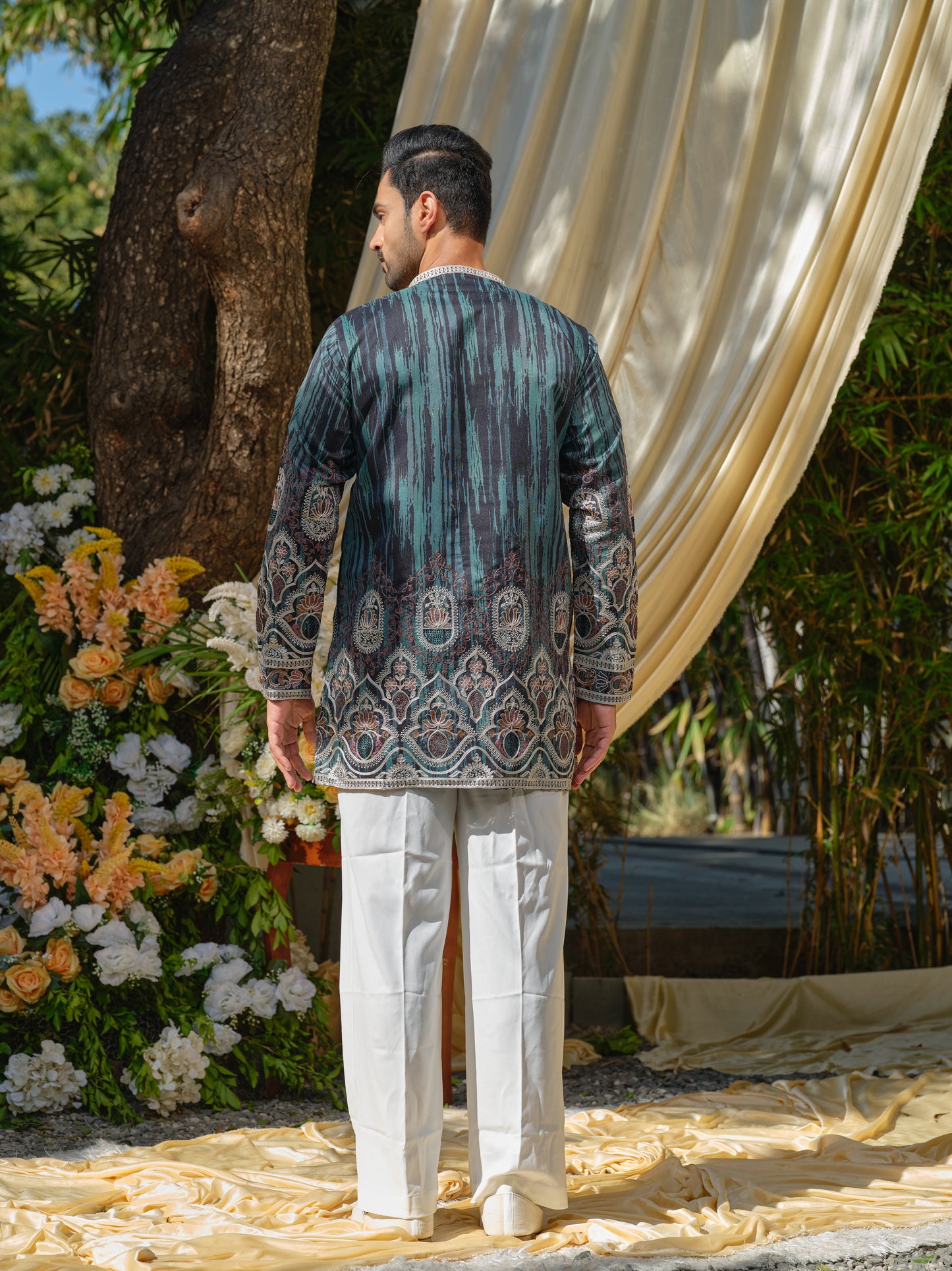 Blue Shimmer Printed Tissue Kurta–Bottom Set with Chain Stitch Embroidery