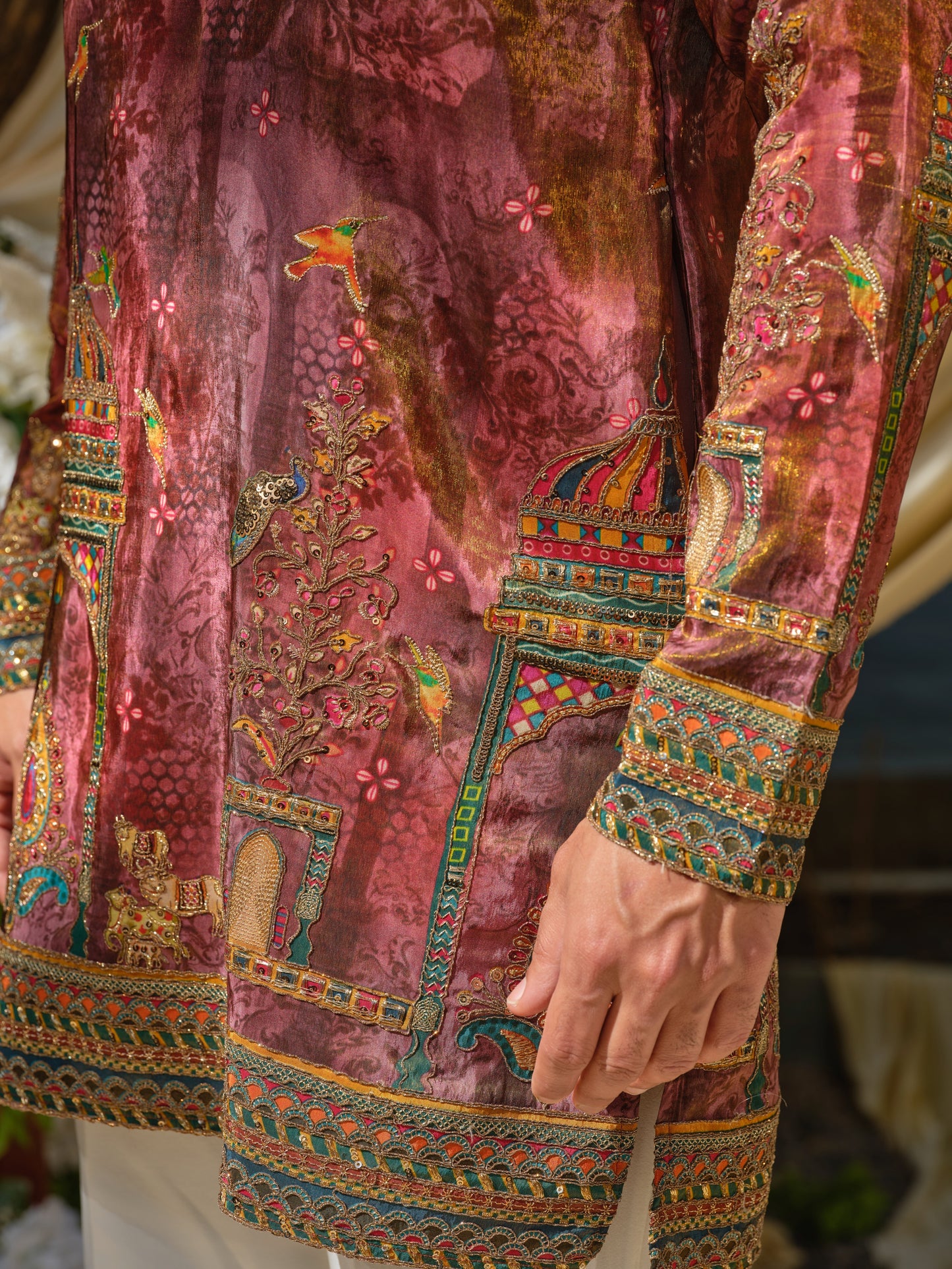 Men’s Maroon Tissue Kurta–Bottom Set with Zari Position Print