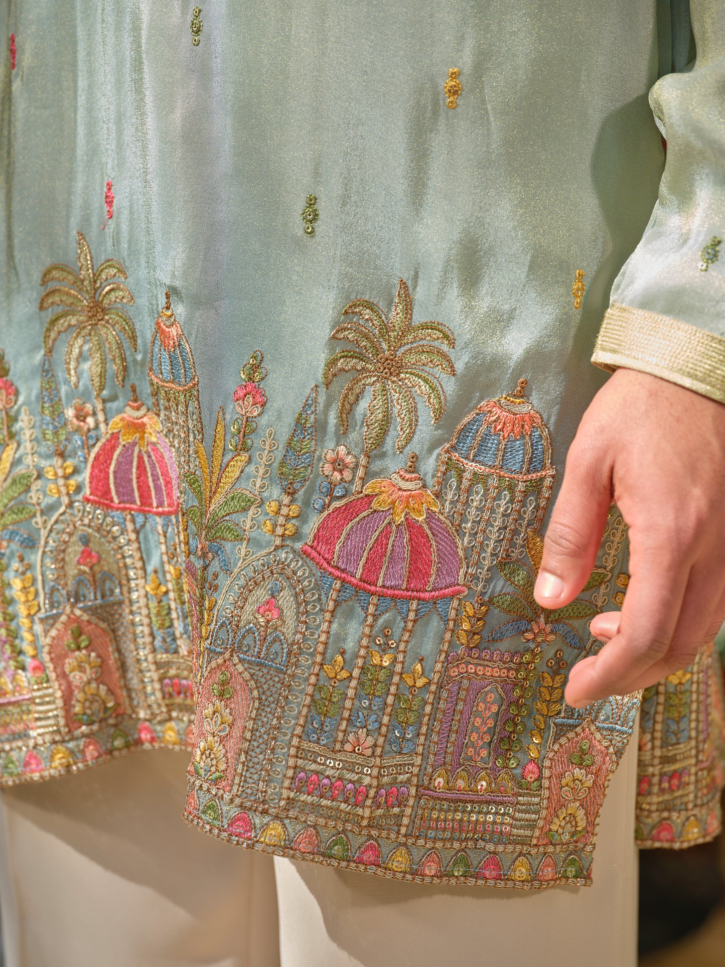 Pista-Sky Shimmer Tissue Kurta–Bottom Set with Ombre Effect & Multicolour Thread Work Embroidery