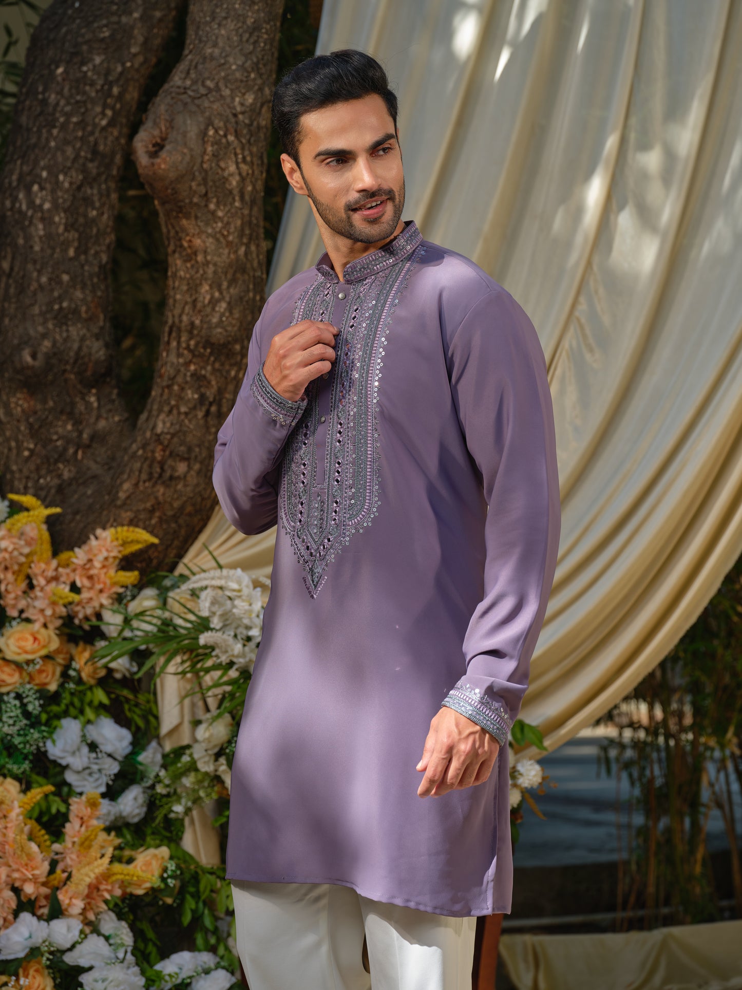 Lavender Armani Kurta–Bottom Set with Sequins & Mirror Work