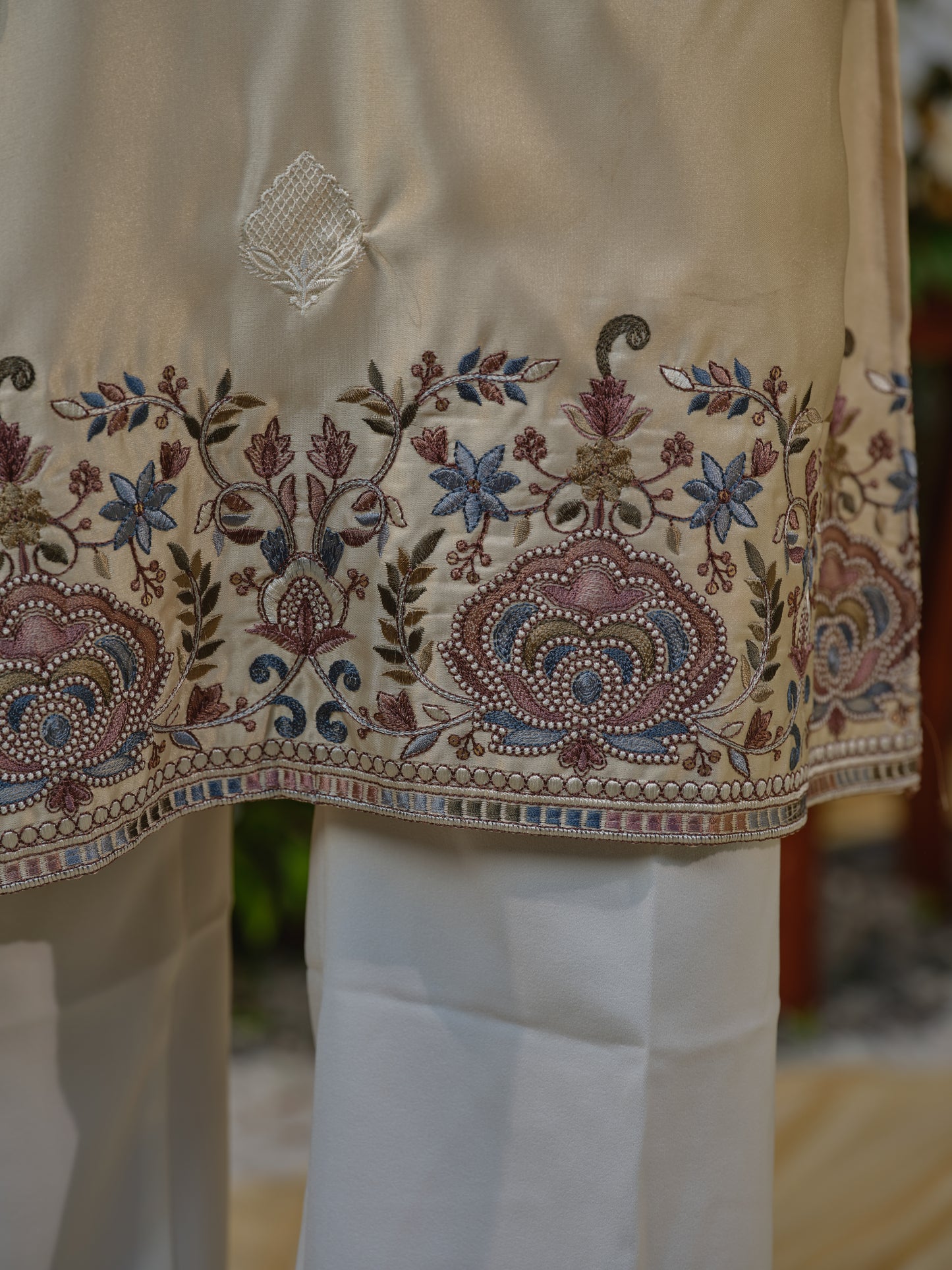 Classic Silk Kurta–Bottom Set with Thread Embroidery